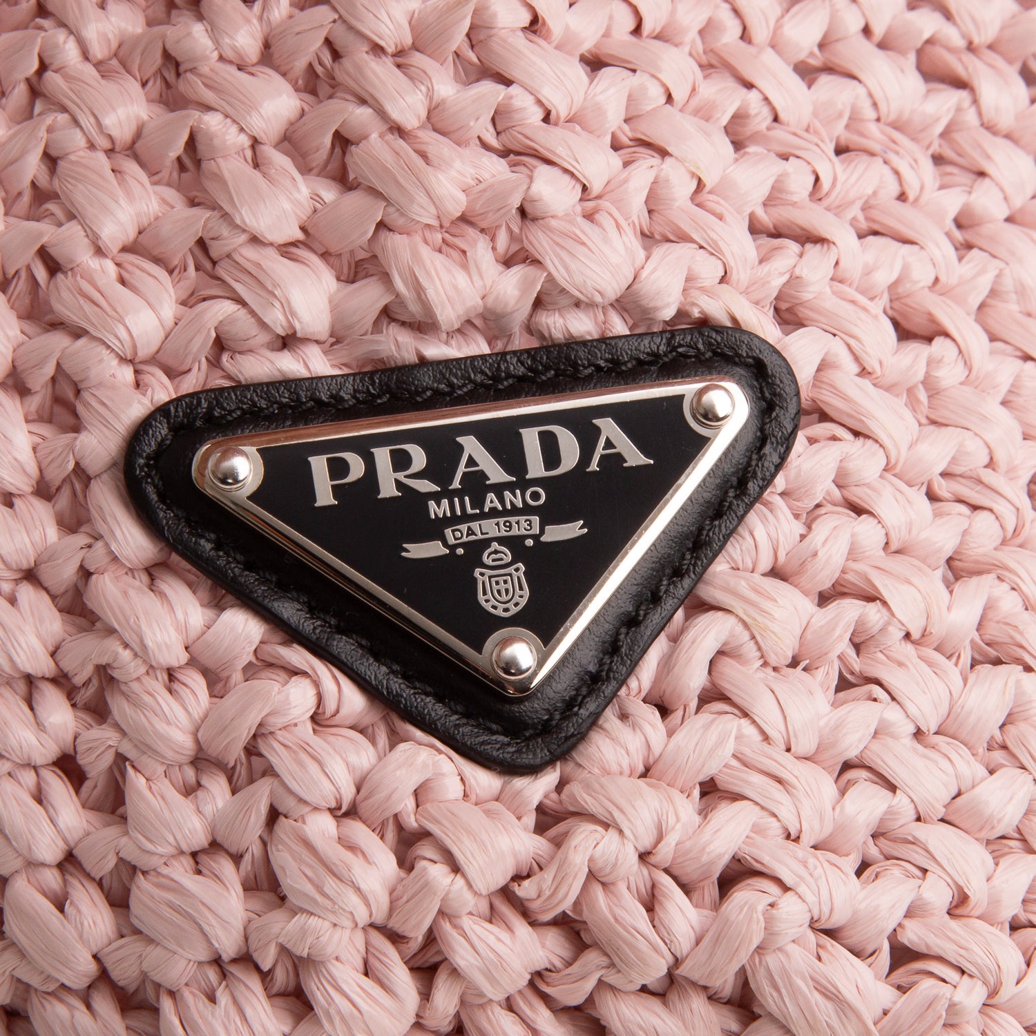 Prada Pink Yarn Raffia Effect Crochet Logo Embroidered Small Tote Bag