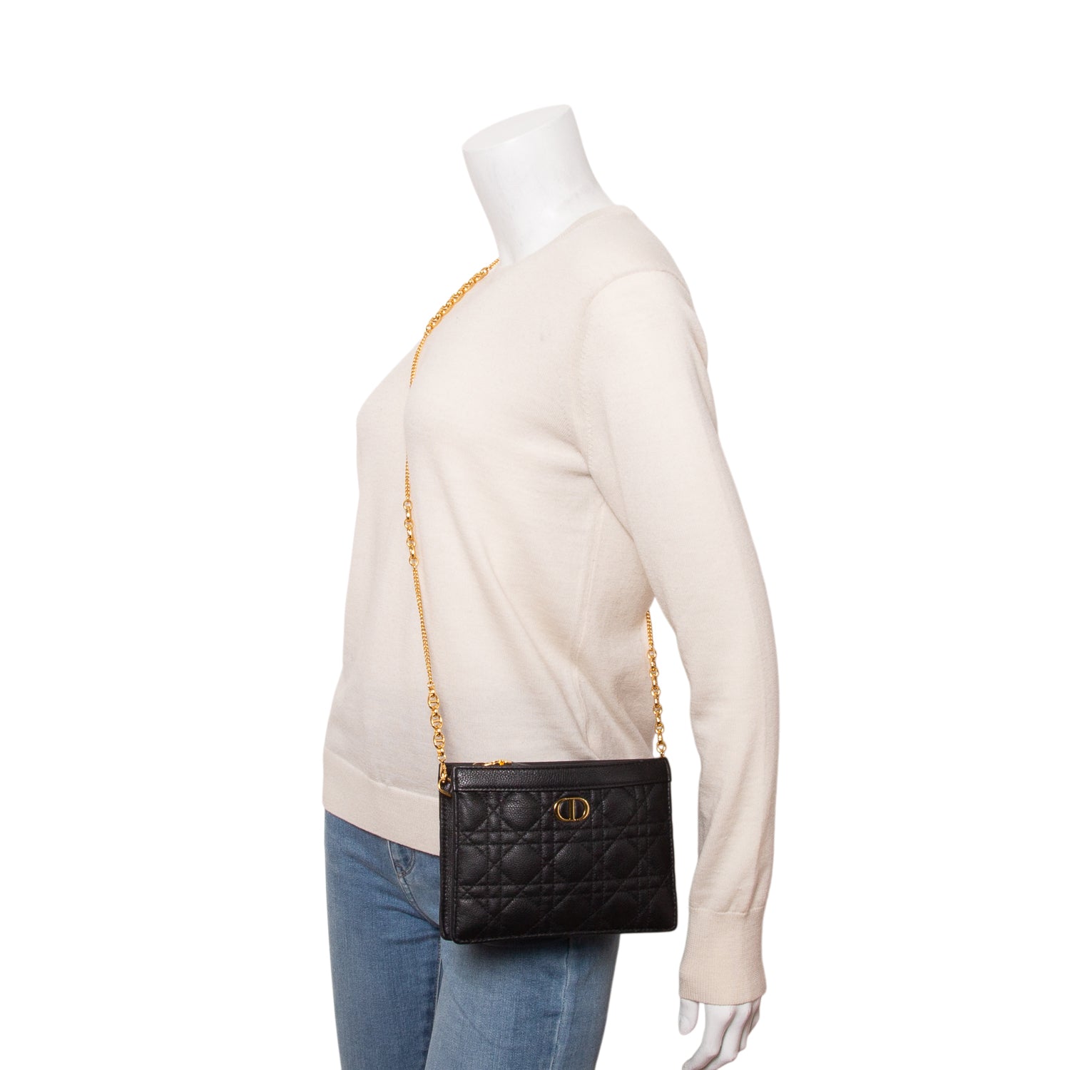 Christian Dior 2022 Black Calfskin Cannage Caro Zipped Pouch w/ Chain