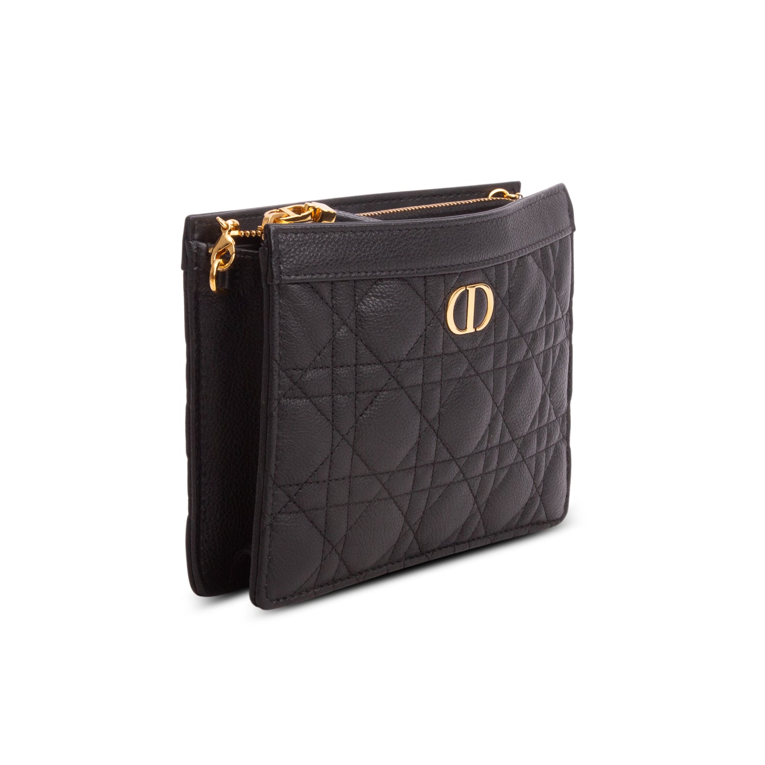 Christian Dior 2022 Black Calfskin Cannage Caro Zipped Pouch w/ Chain