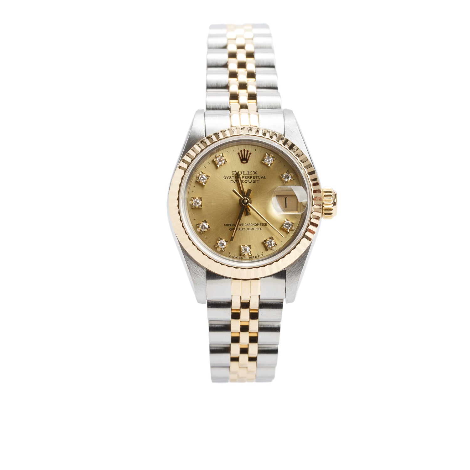 Rolex Stainless Steel & 18k Yellow Gold Datejust 26 MM Watch Champagne Diamond Dial 69173