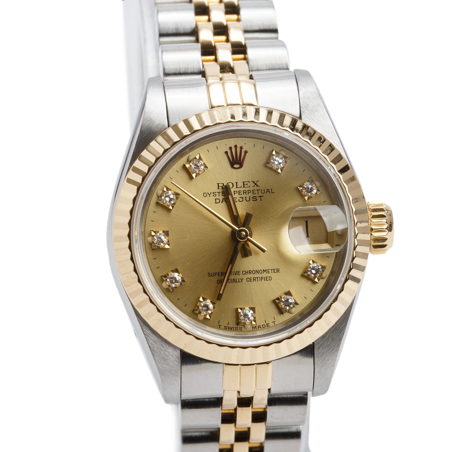 Rolex Stainless Steel & 18k Yellow Gold Datejust 26 MM Watch Champagne Diamond Dial 69173