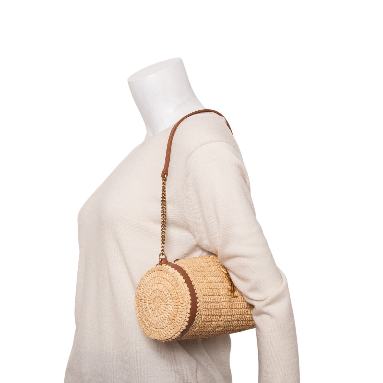 Saint Laurent 2023 Neutral Raffia Small Sade Tube Bag