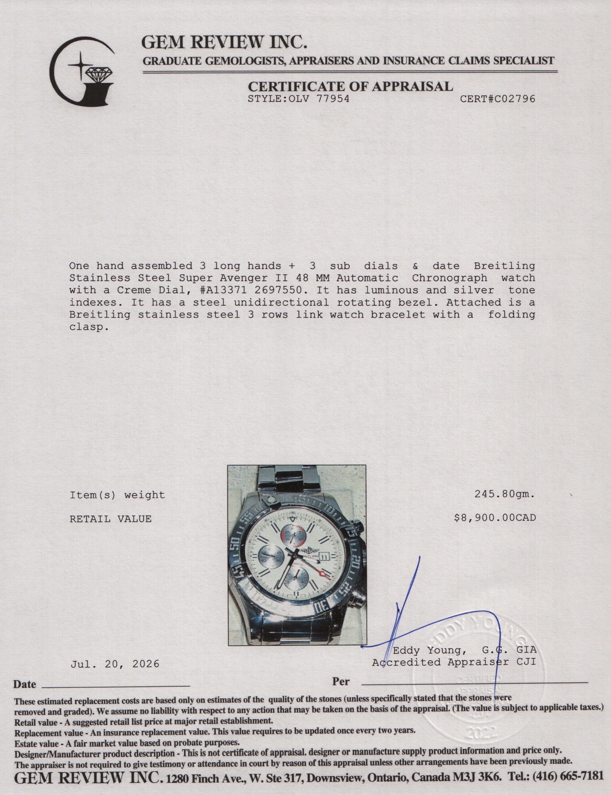 Breitling Stainless Steel Super Avenger II 48 MM Automatic Chronograph Creme Dial A13371