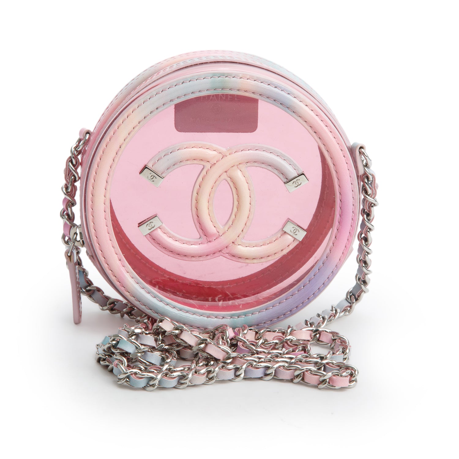 Chanel Pink PVC Patent Leather Round Filigree Chain Clutch w/ Authenticity Card