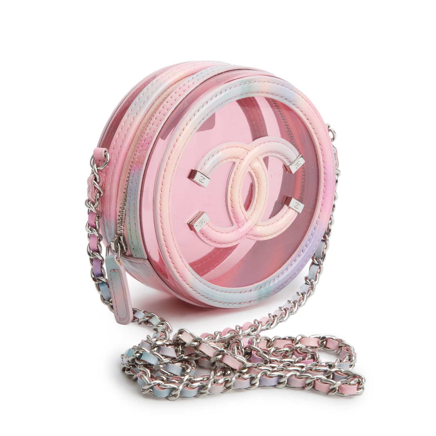 Chanel Pink PVC Patent Leather Round Filigree Chain Clutch w/ Authenticity Card