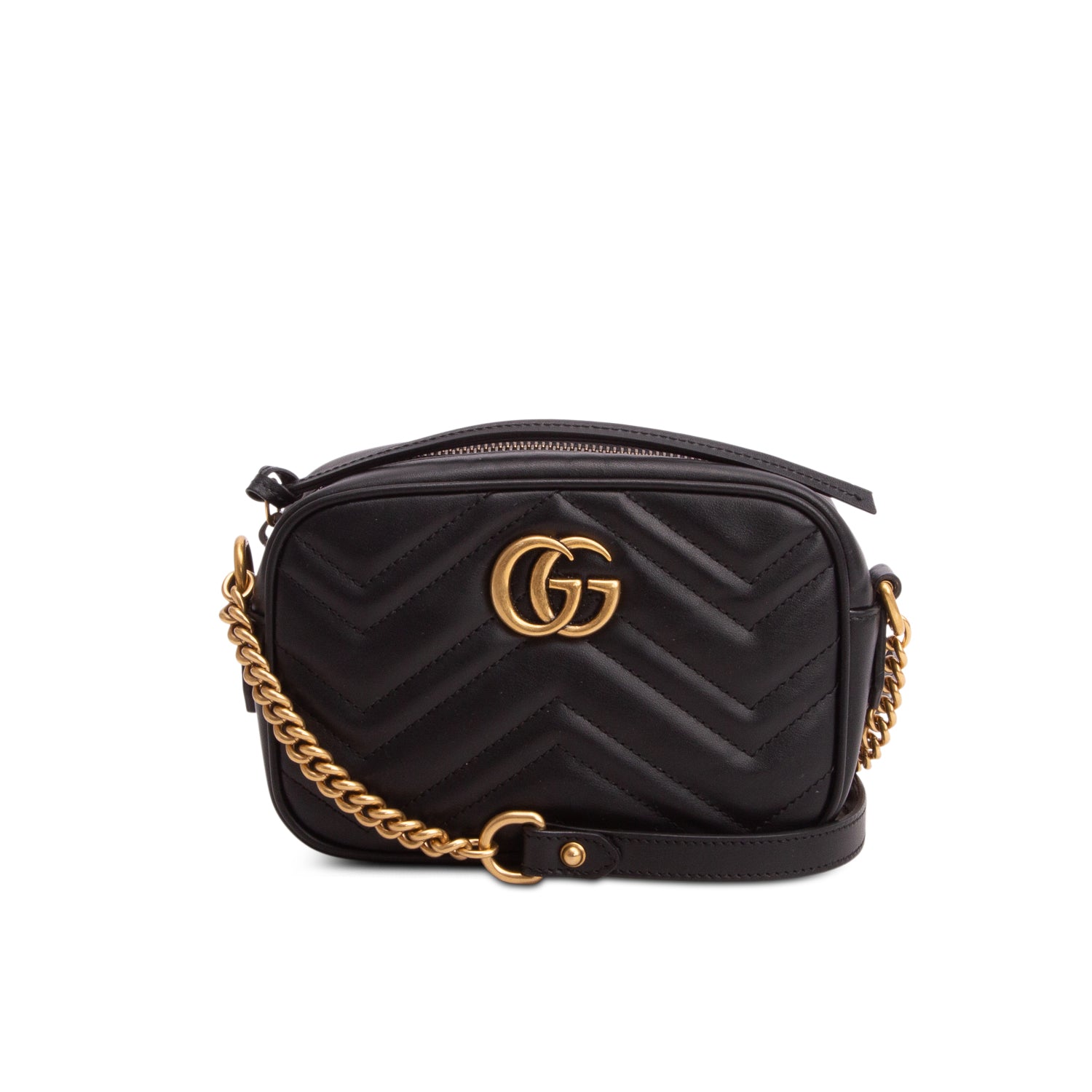 Gucci Black Calfskin Matelasse Mini GG Marmont Chain Shoulder Bag