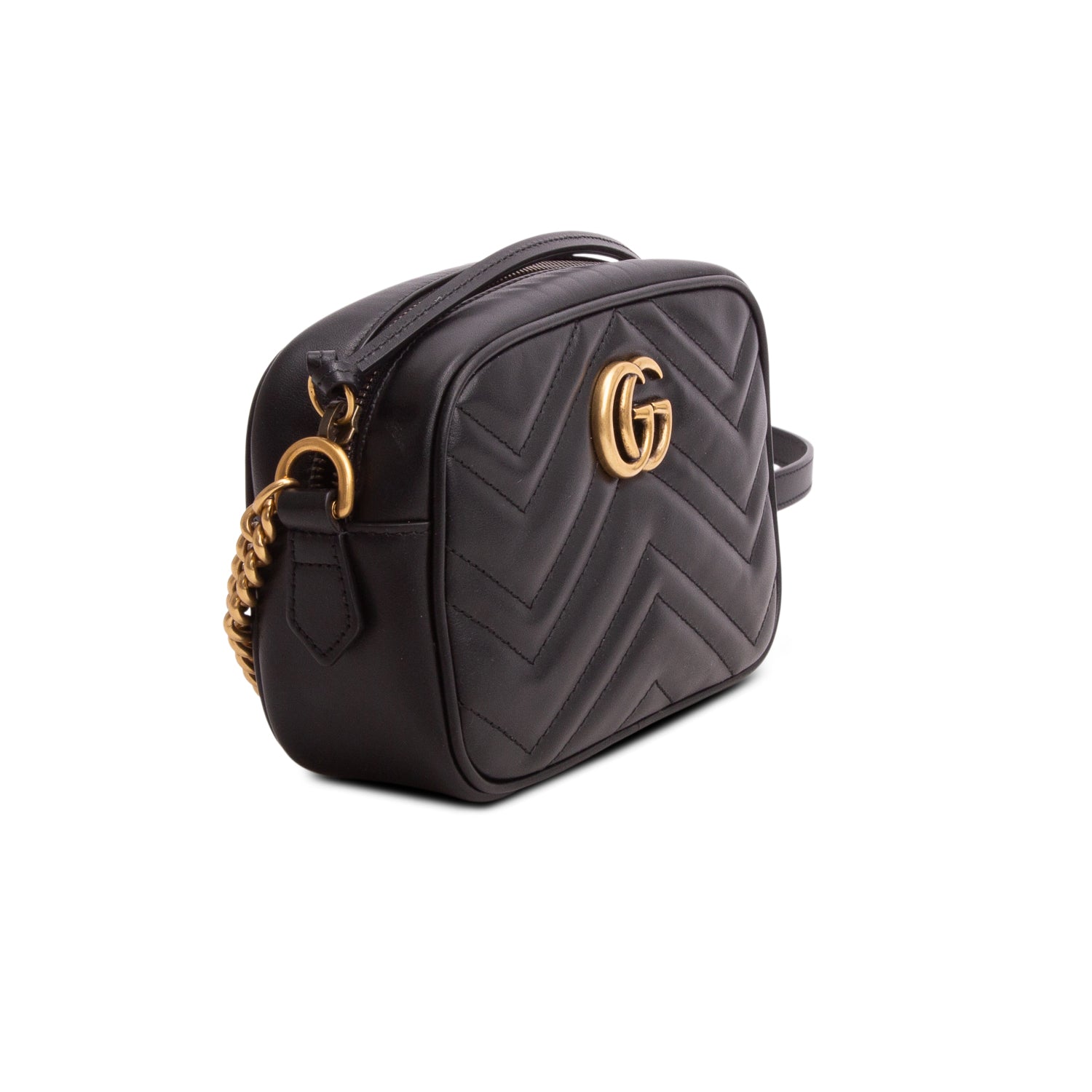 Gucci Black Calfskin Matelasse Mini GG Marmont Chain Shoulder Bag