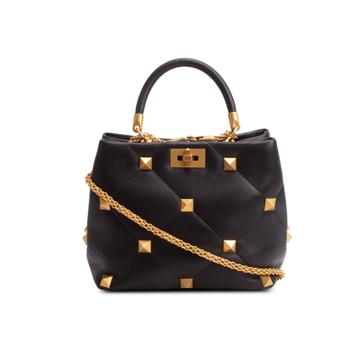Valentino Black Nappa Medium Roman Stud The Handle Bag w/ Strap
