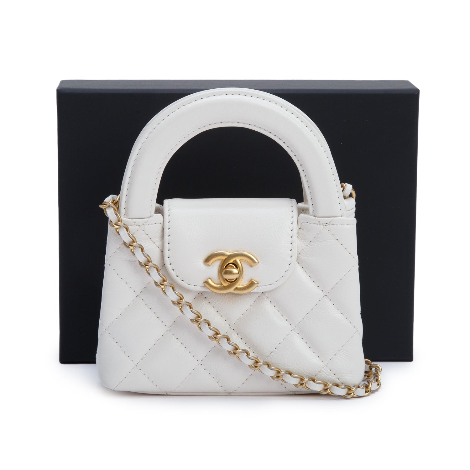 Chanel White Shiny Aged Calfskin Quilted Mini Nano Kelly Shopper w/ Box