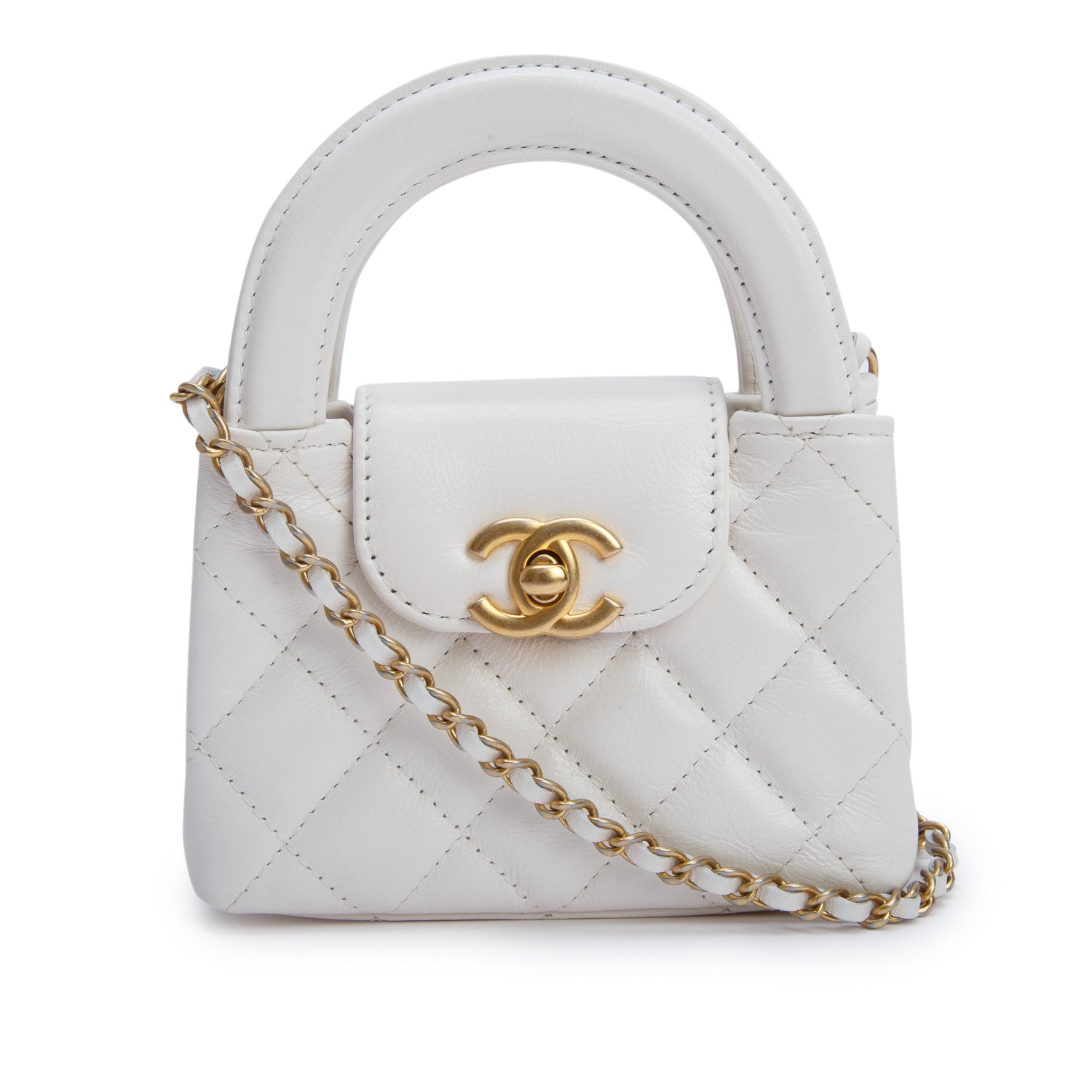 Chanel White Shiny Aged Calfskin Quilted Mini Nano Kelly Shopper w/ Box
