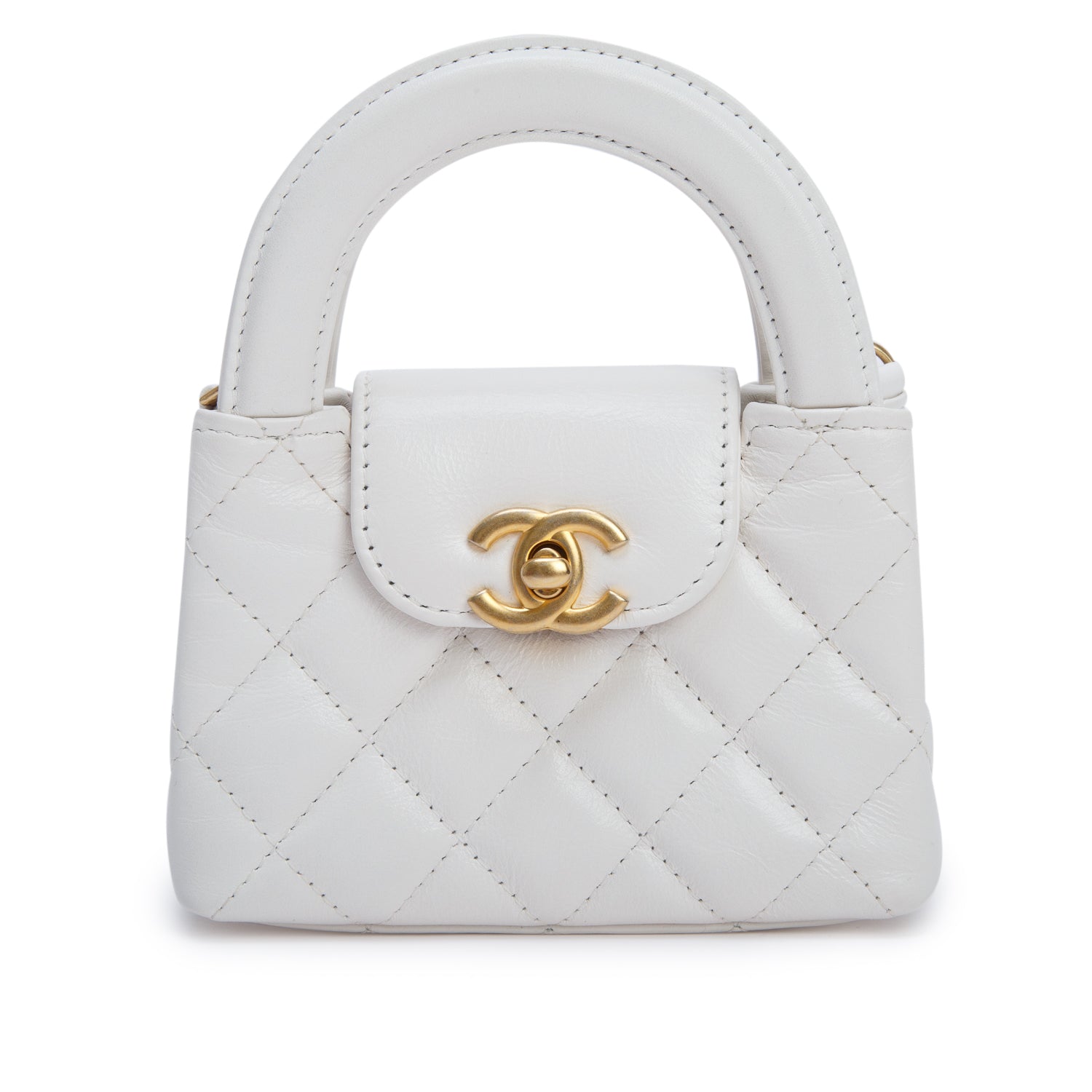 Chanel White Shiny Aged Calfskin Quilted Mini Nano Kelly Shopper w/ Box