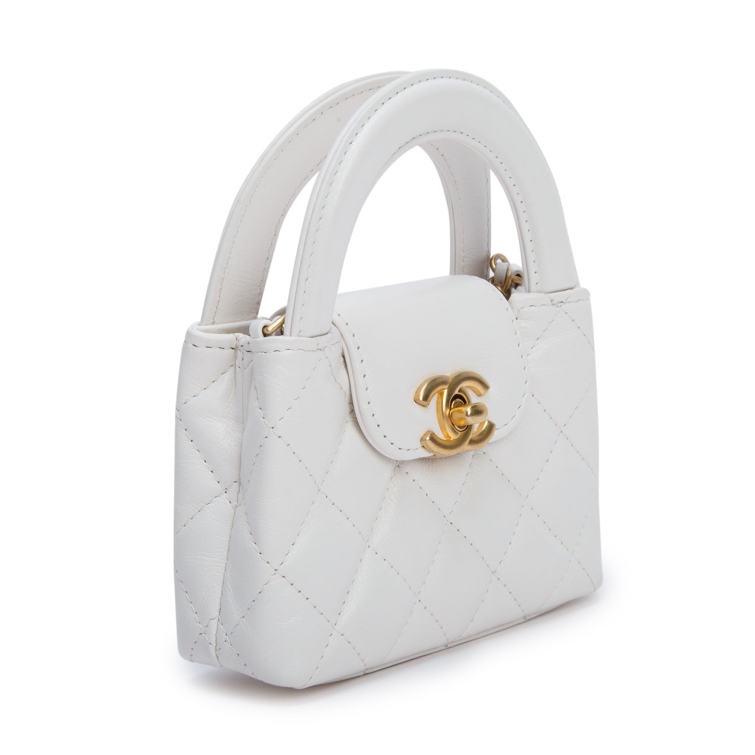 Chanel White Shiny Aged Calfskin Quilted Mini Nano Kelly Shopper w/ Box