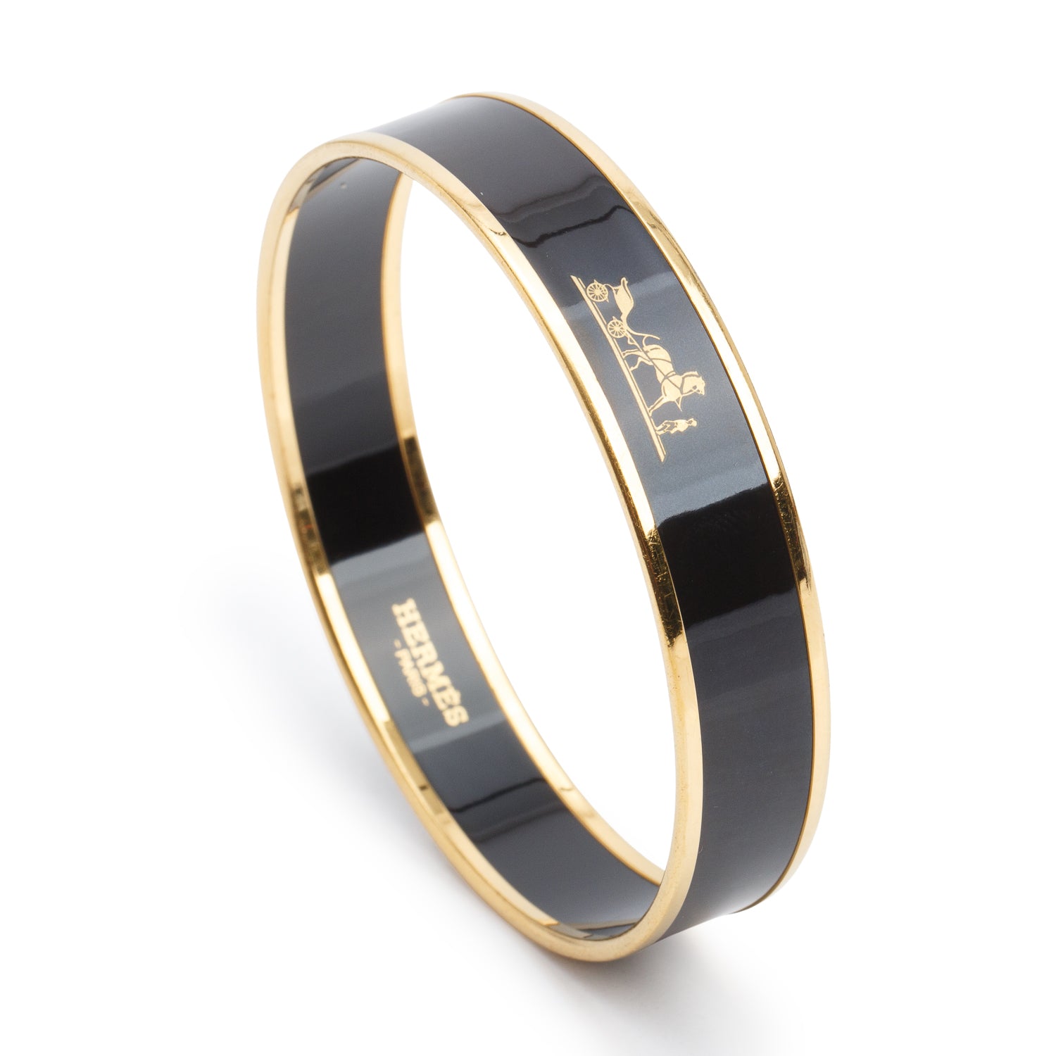 Hermes Gold-Plated Black 'Caleche' Enamel Narrow Bangle