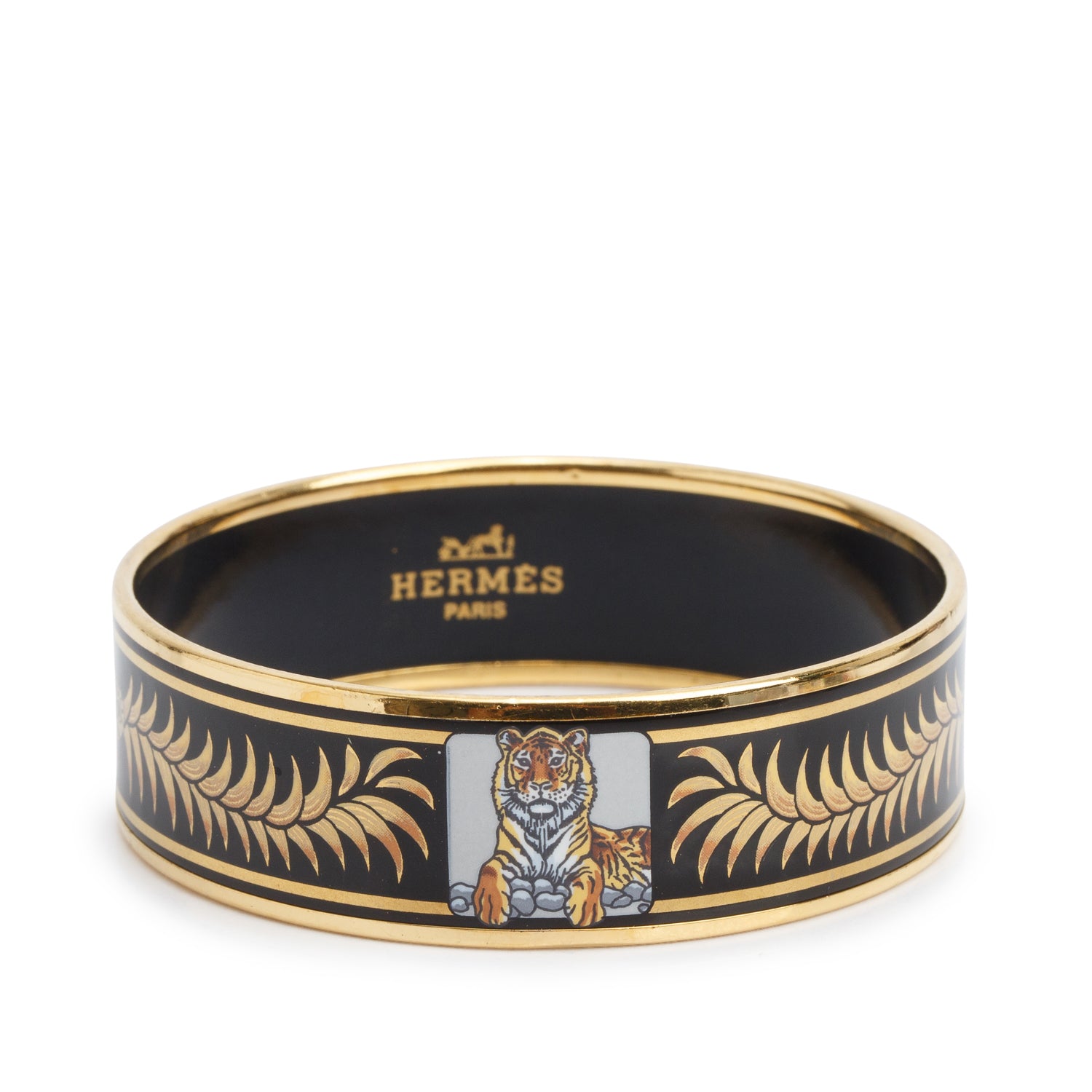 Hermes Gold-Plated Black/Gold 'Cloisonne Royal Tiger' Enamel Wide Bangle