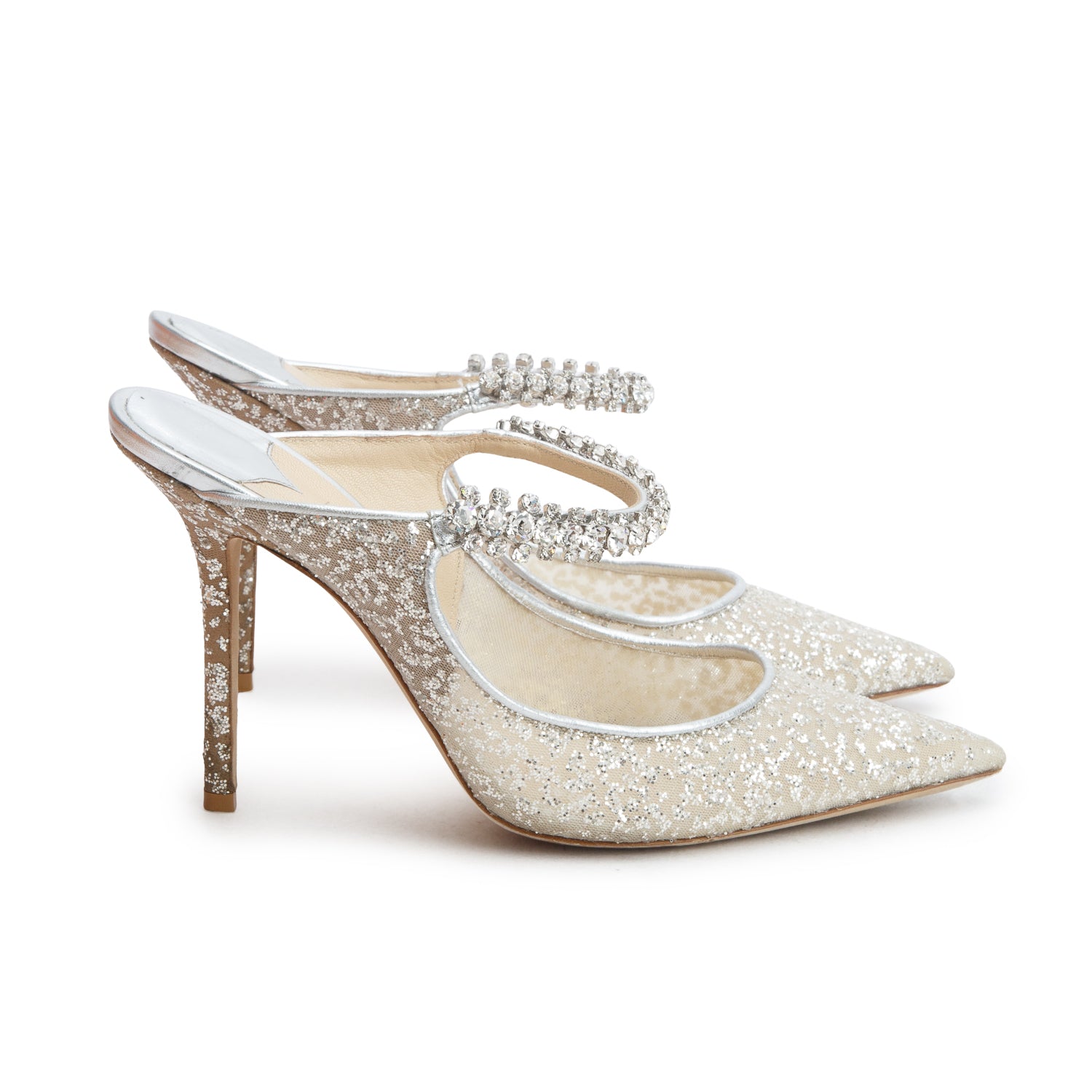 Jimmy Choo Silver Glitter Tulle Crystal Bing 100 Pumps, Women's Size 39 w/ Box