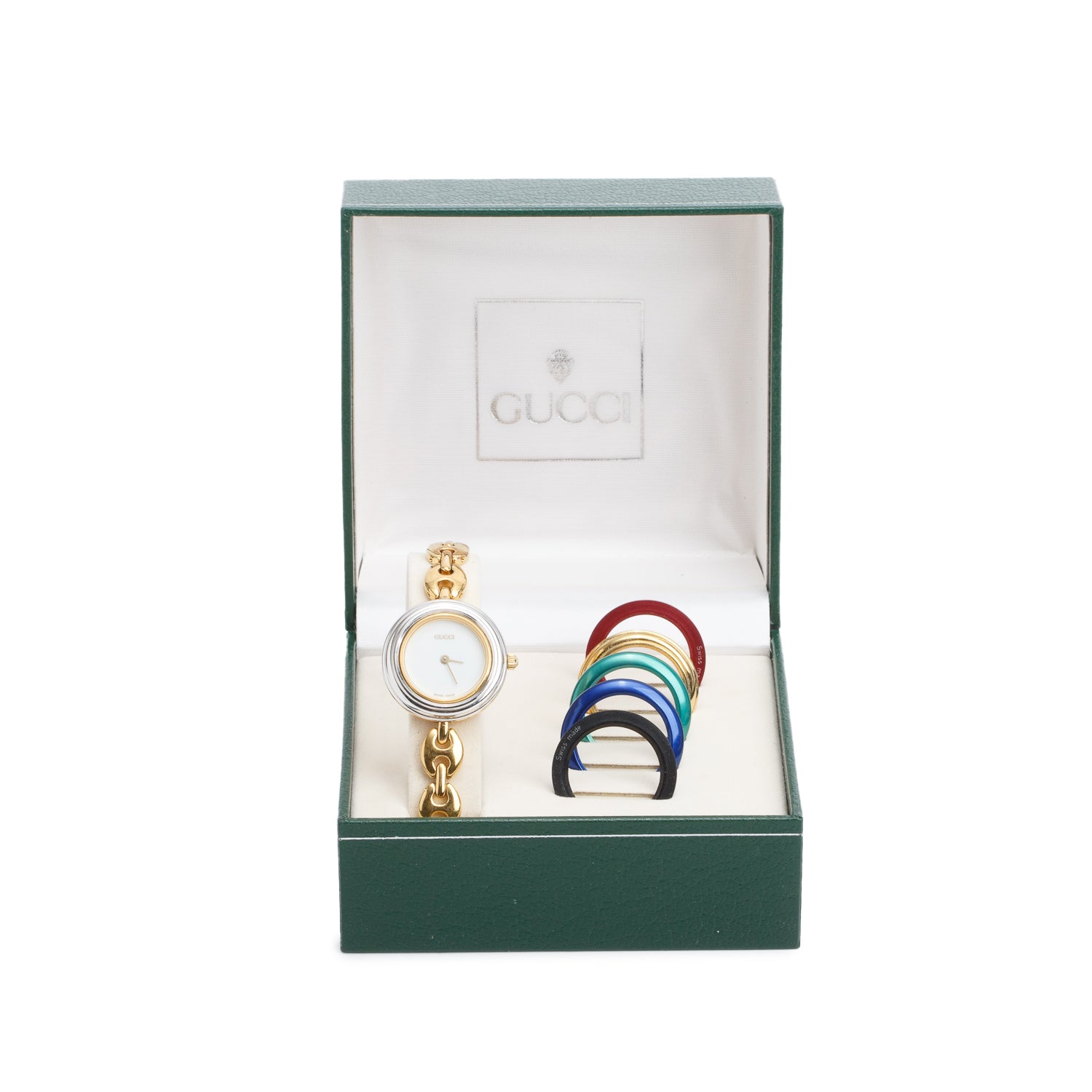 Gucci Gold Plated Stainless Steel 1100 Series 26 MM Watch White Dial w/ Box & 5 Multicolour Bezels