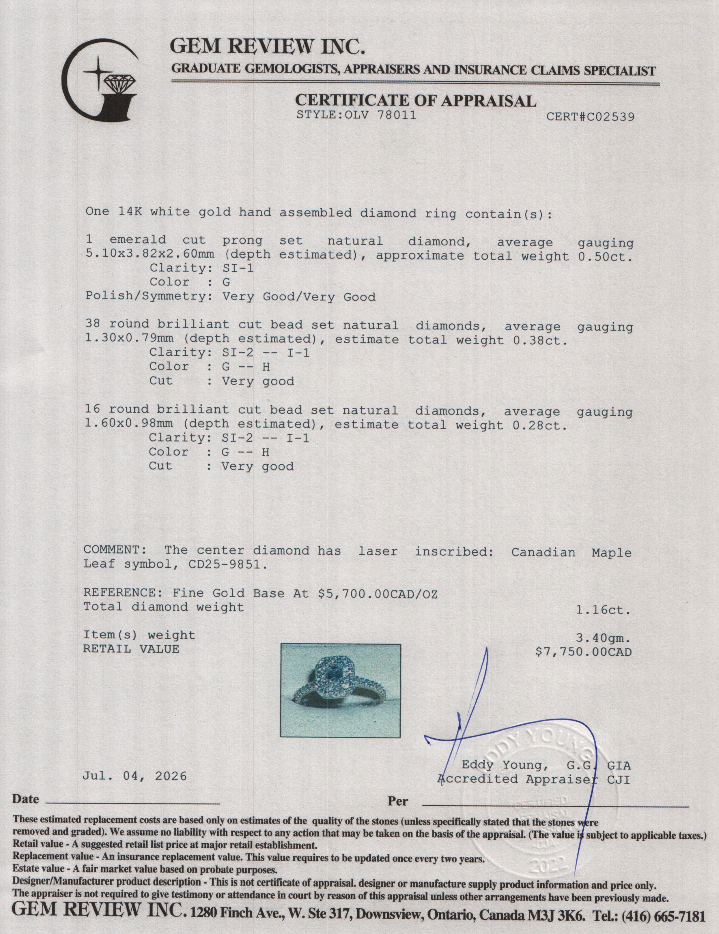 14k White Gold 0.50 ct. Emeral Cut Diamond Engagement Ring, Size 9