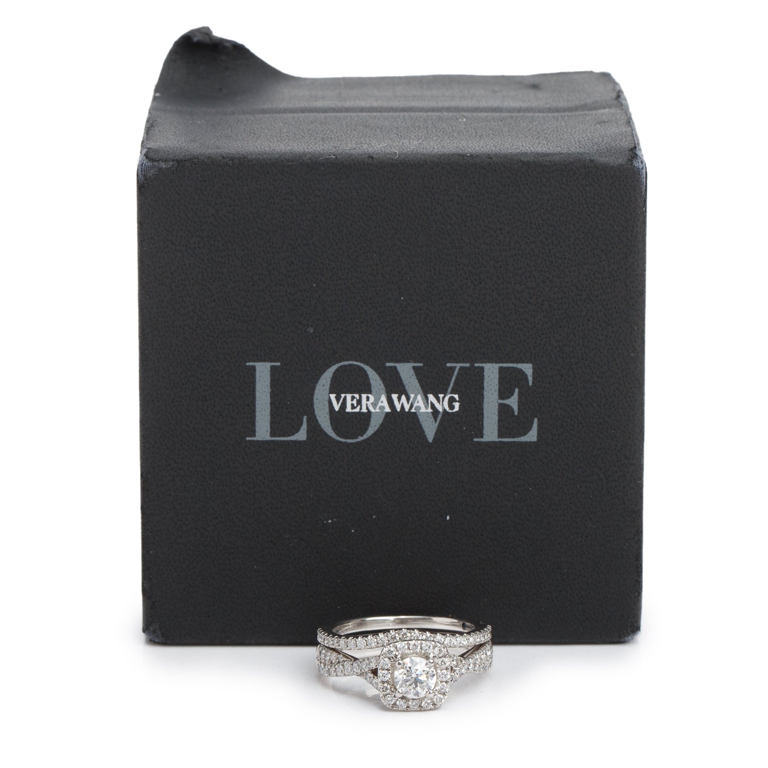 14k White Gold 0.50 ct. Round Cut Diamond Engagement Ring & Half Eternity Band Ring Set, Size 6 w/ Box & Certificate