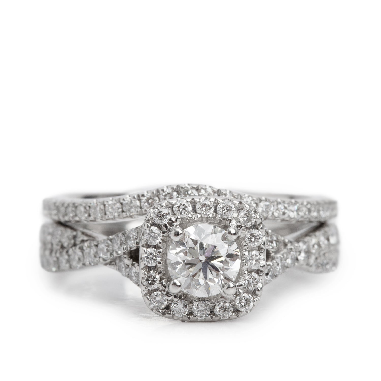 14k White Gold 0.50 ct. Round Cut Diamond Engagement Ring & Half Eternity Band Ring Set, Size 6 w/ Box & Certificate