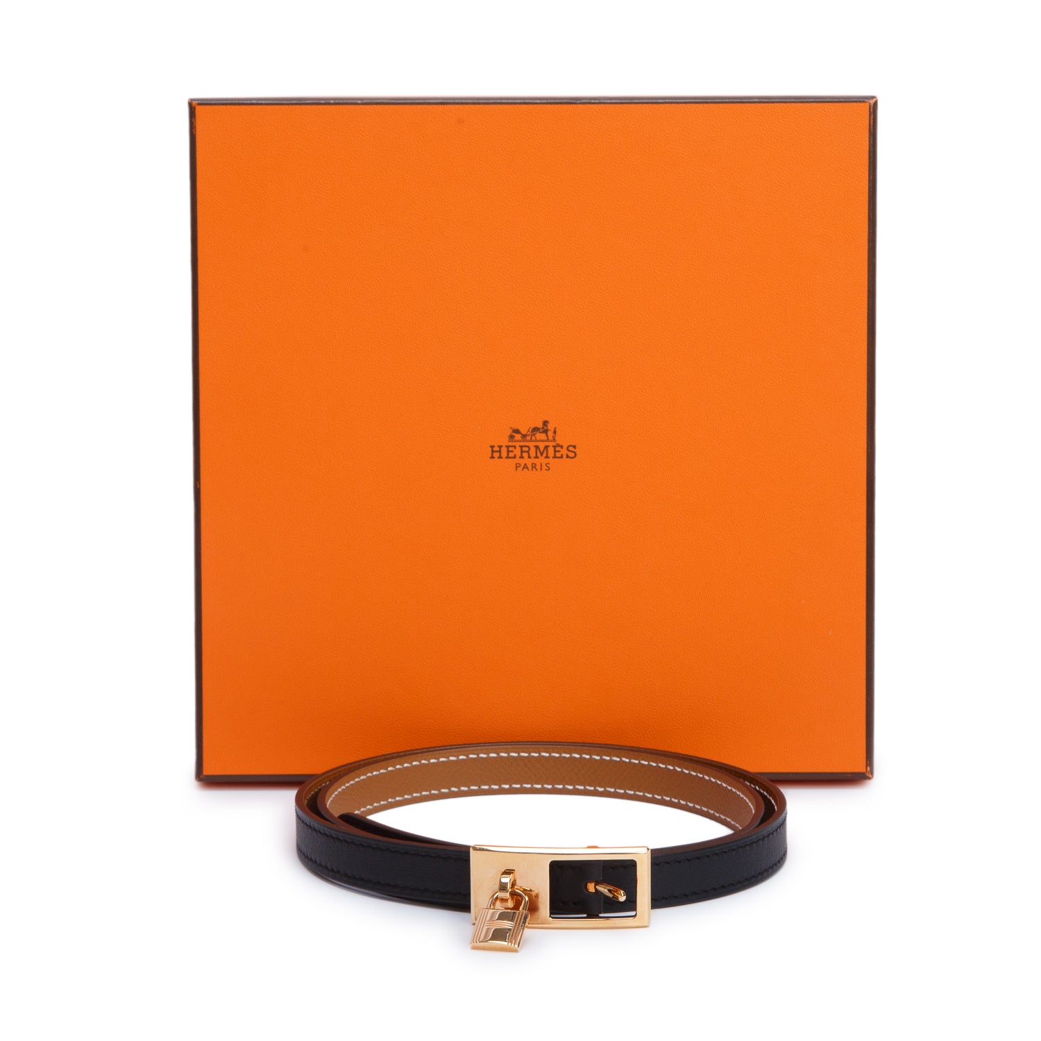 Hermes 2021 Noir/Gold Swift & Epsom Leather Lucky 15 Reversible Belt, Size 90 w/ Box