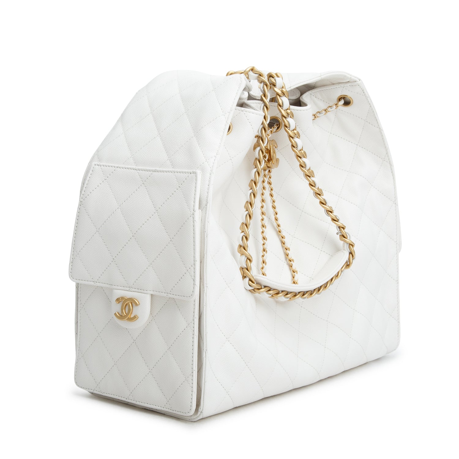 Chanel White Caviar Quilted Medium 25 Handbag w/ Box & Pouch