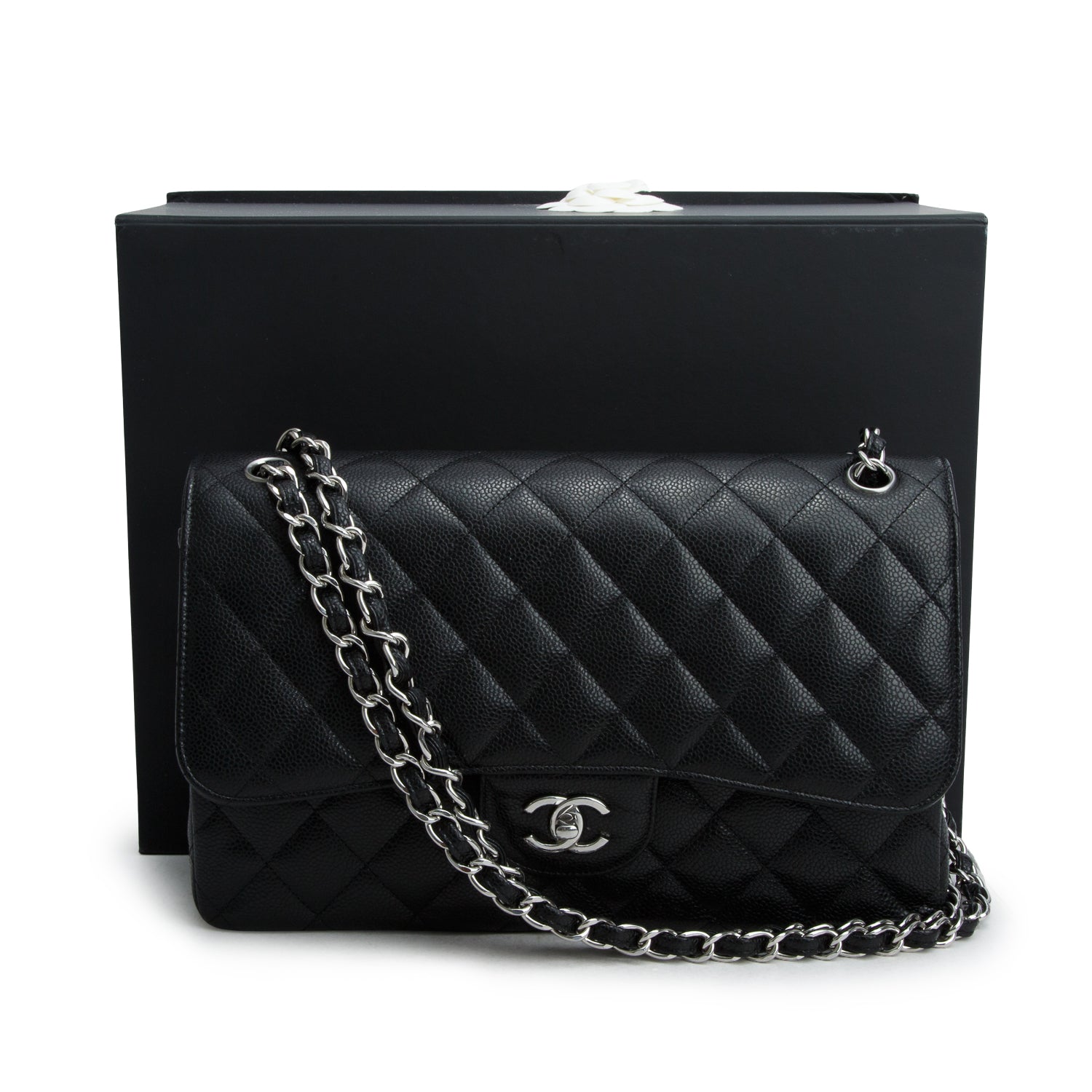 Chanel 2023 Black Caviar Quilted Leather Classic Jumbo Double Flap Bag w/ Box & Receipt