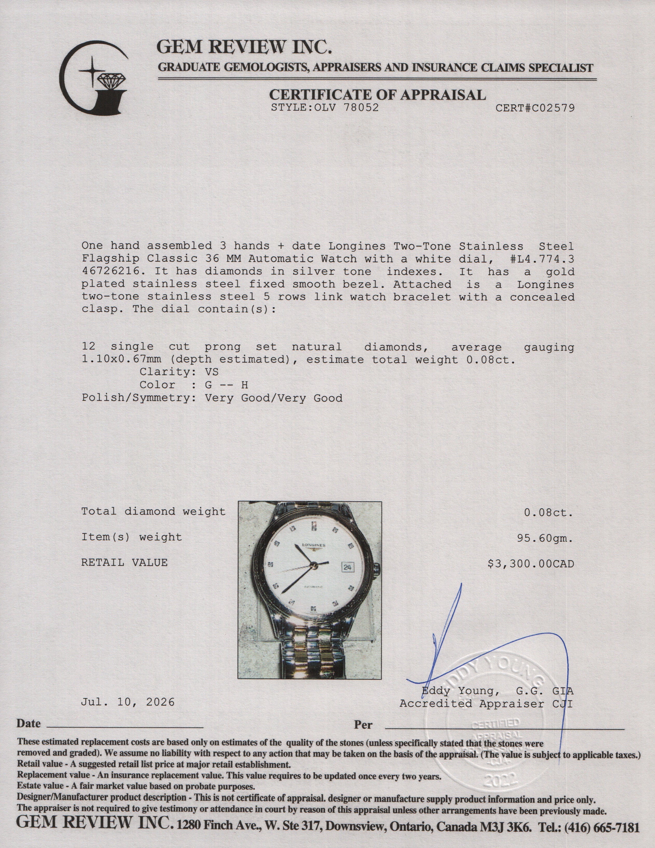 Longines 2022 Two-Tone Stainless Steel Flagship Classic 36 MM Automatic Watch White Diamond Dial w/ Box & Papers