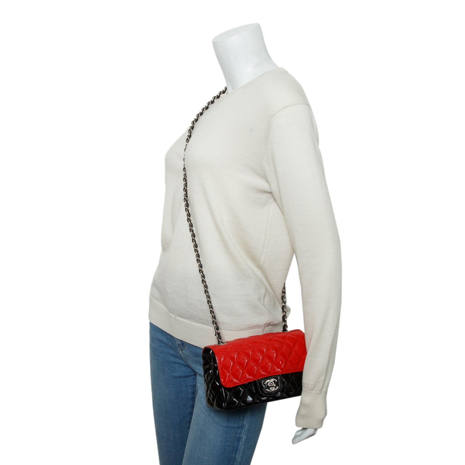 Chanel Red/Black Patent Calfskin Quilted Mini Rectangular Flap w/ Authenticity Card