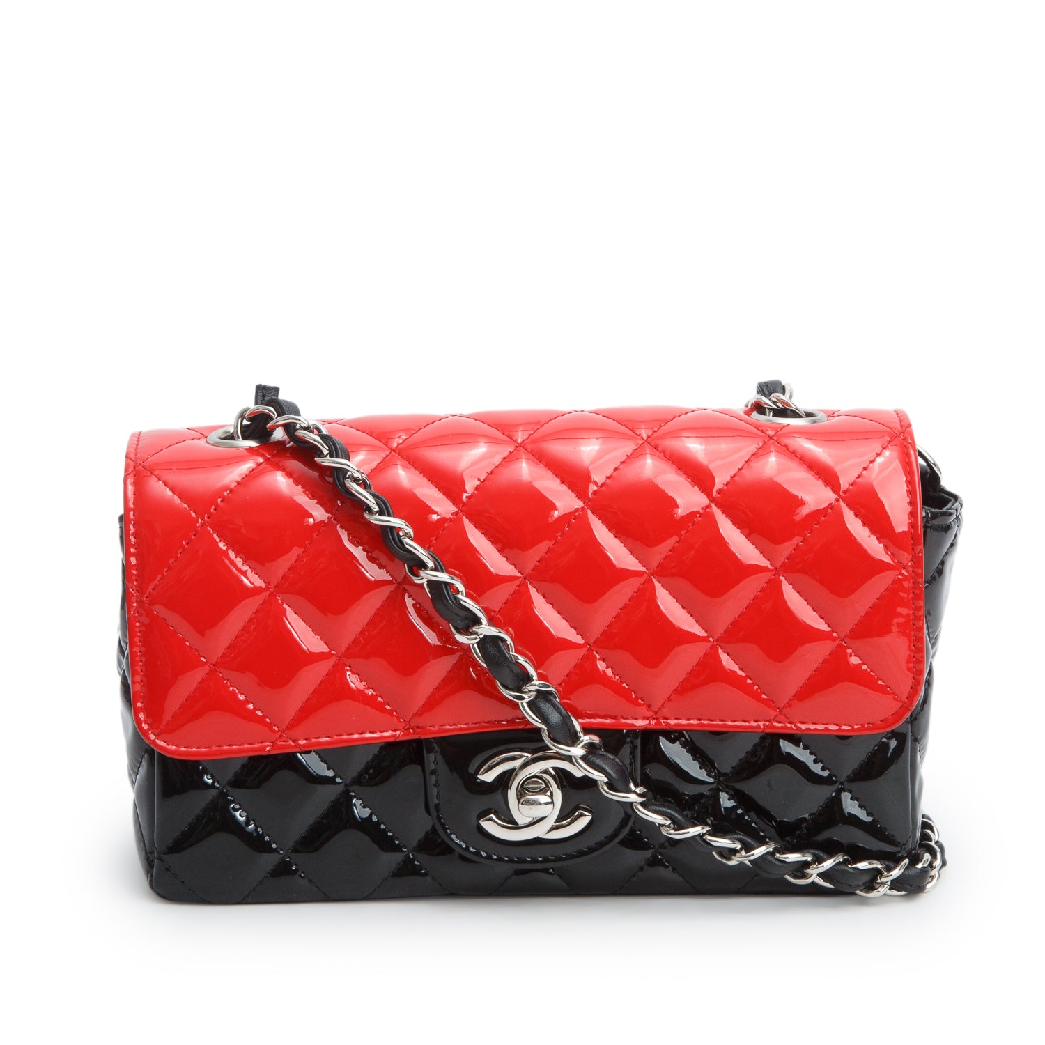 Chanel Red/Black Patent Calfskin Quilted Mini Rectangular Flap w/ Authenticity Card