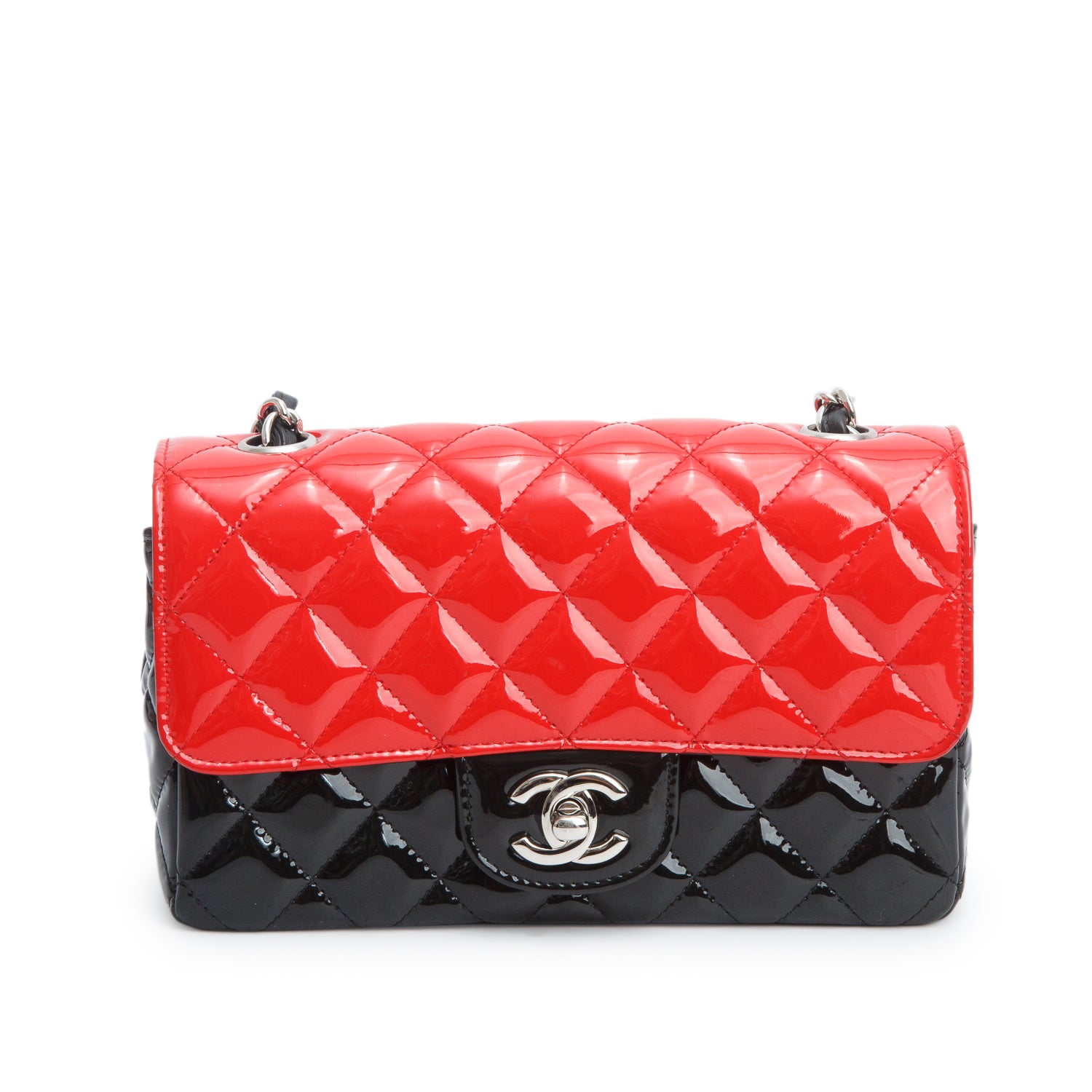 Chanel Red/Black Patent Calfskin Quilted Mini Rectangular Flap w/ Authenticity Card