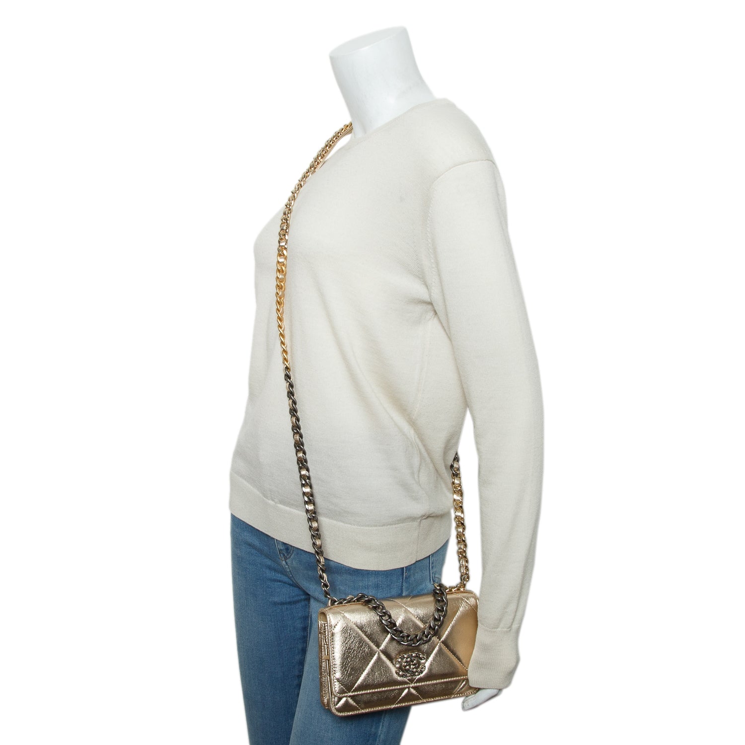 Chanel Gold Lambskin Leather 19 Wallet On Chain