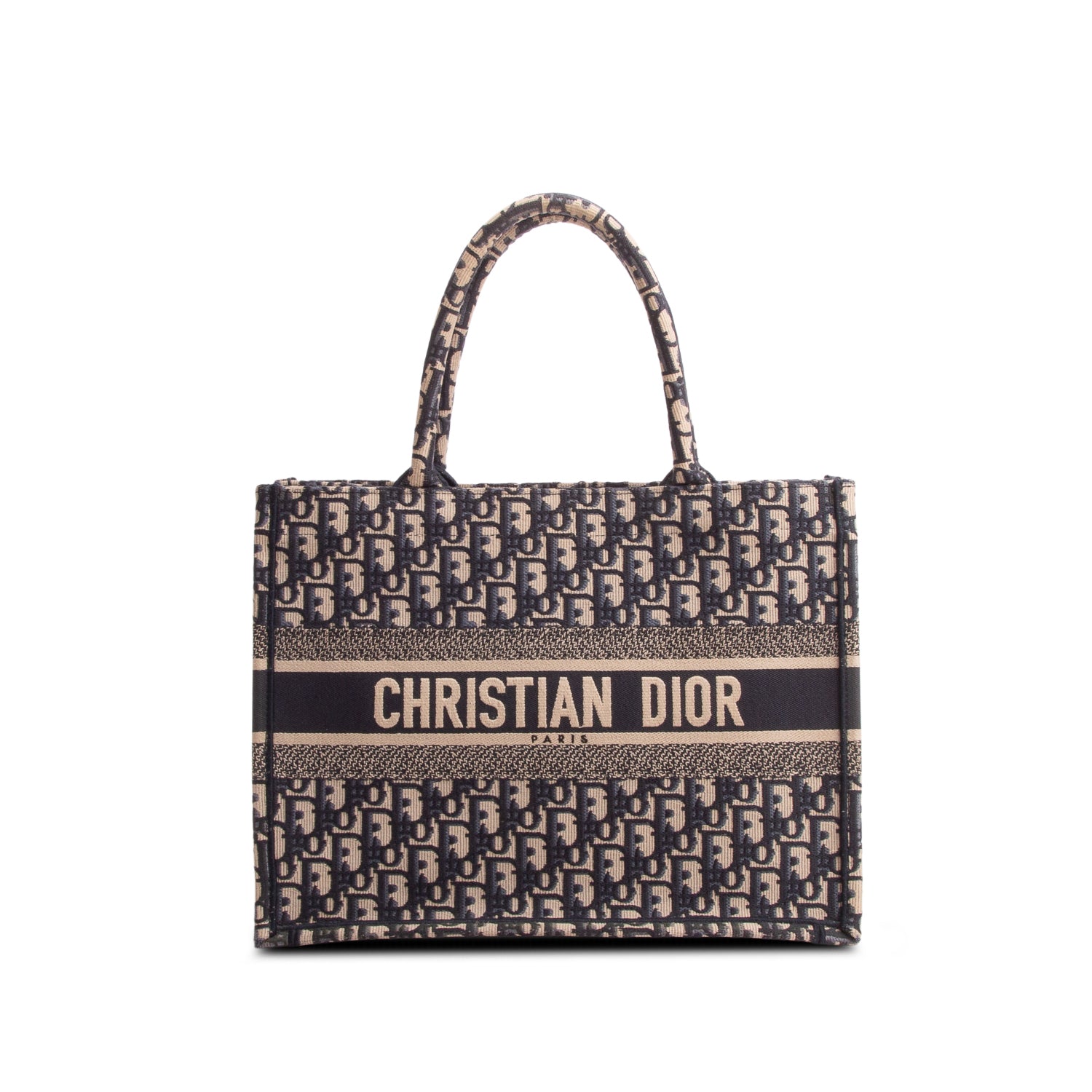Christian Dior 2022 Ecru and Blue Oblique Embroidery Medium Book Tote w/ Box