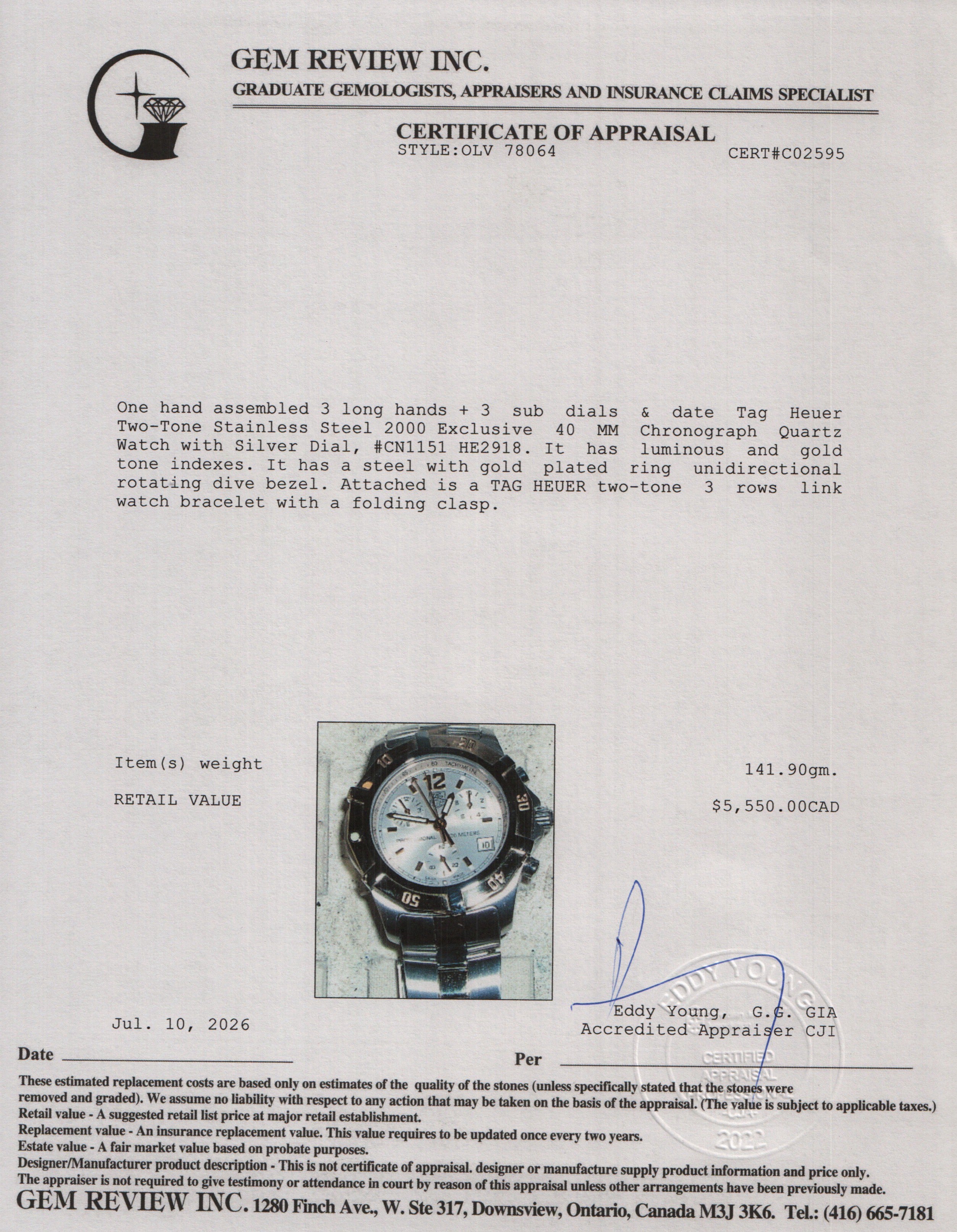 Tag Heuer Two-Tone Stainless Steel 2000 Exclusive 40 MM Chronograph Quartz Watch Silver Dial CN1151 w/ Box & Papers