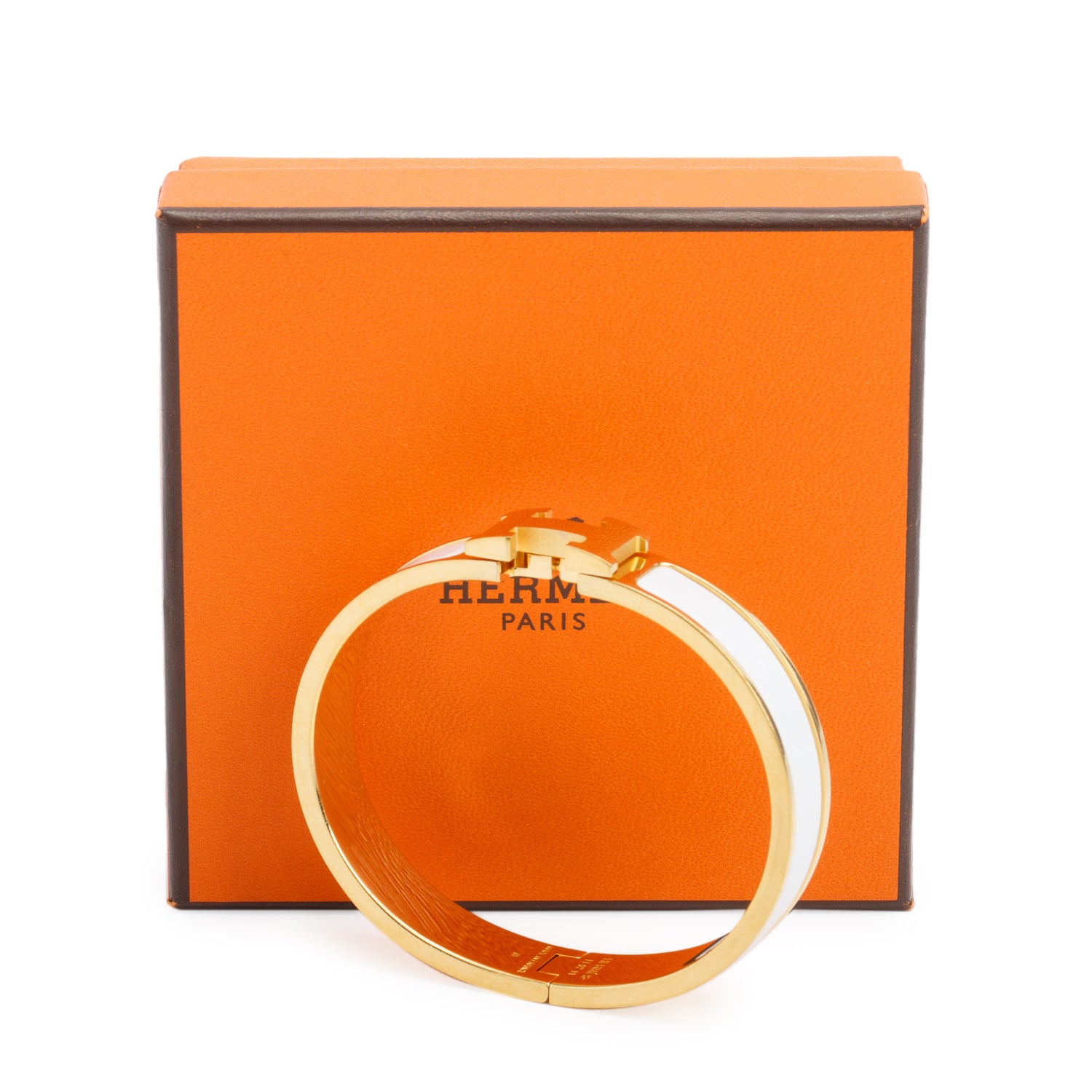 Hermes Gold Plated White Enamel 12 MM Clic H Bracelet w/ Box