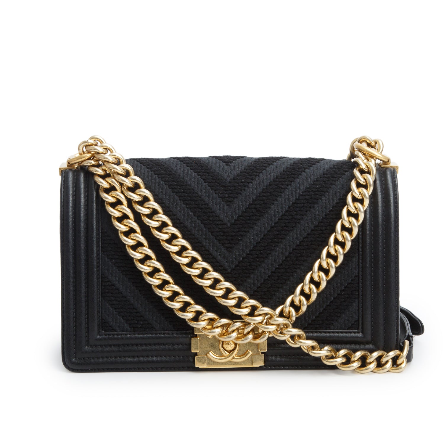 Chanel Black Fabric Braided Chevron Medium Boy Flap w/ Authenticity Card