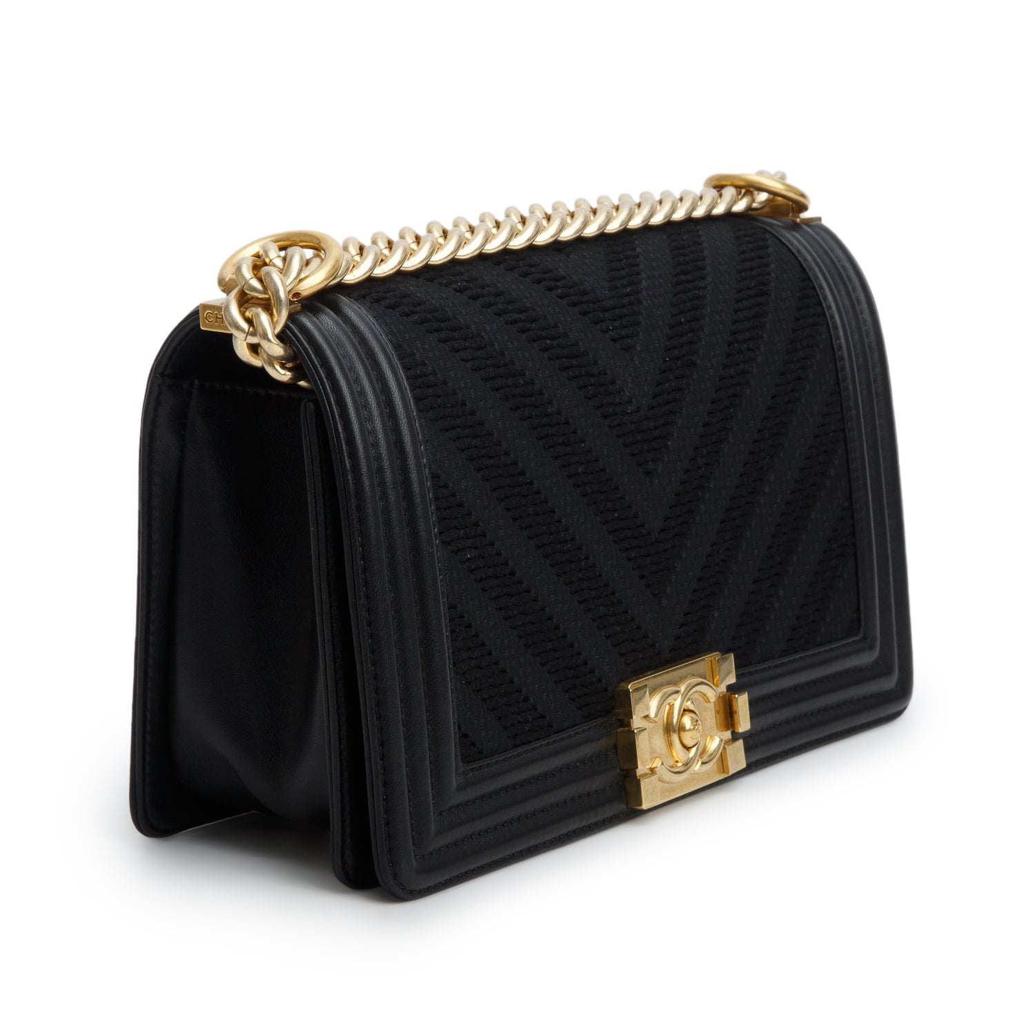 Chanel Black Fabric Braided Chevron Medium Boy Flap w/ Authenticity Card