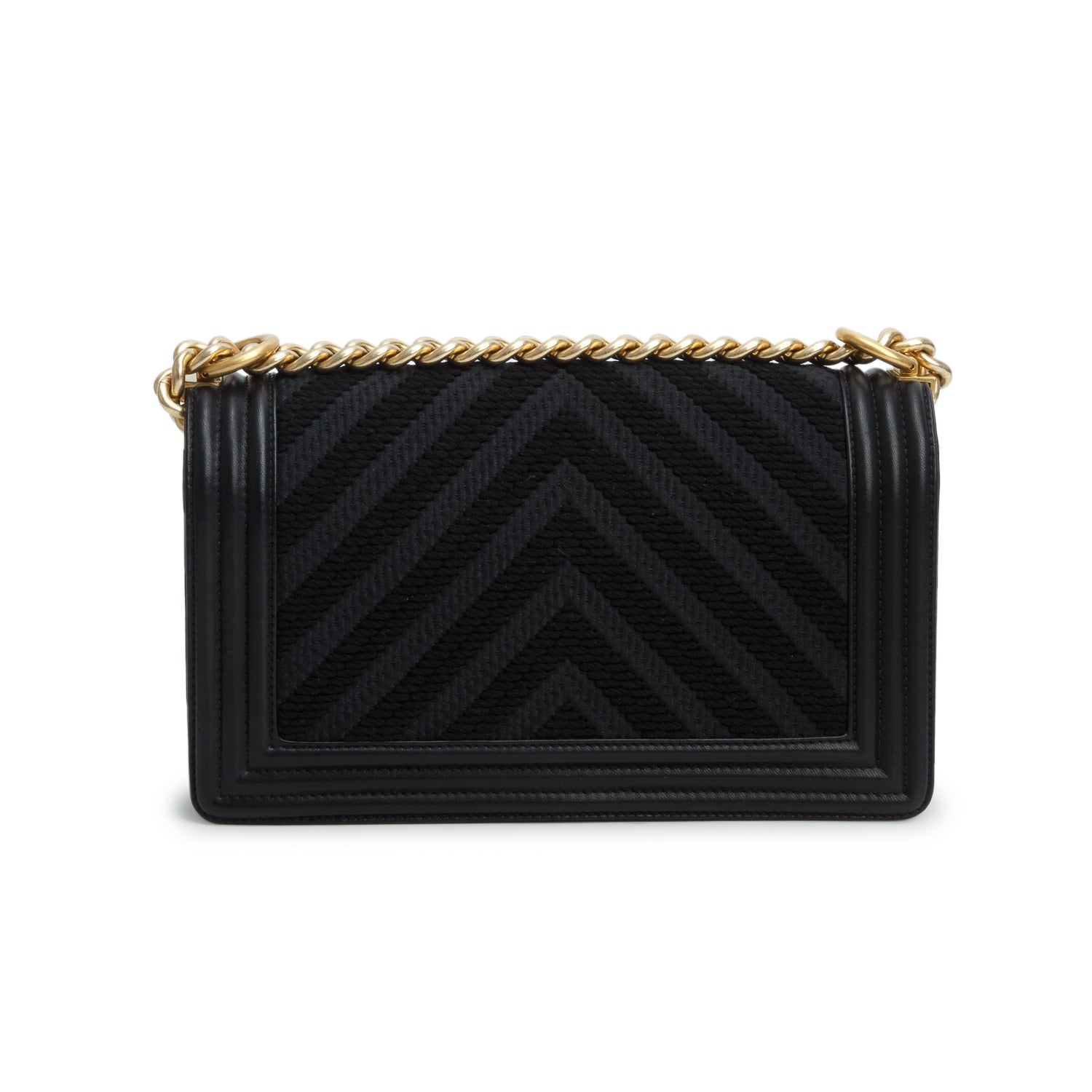 Chanel Black Fabric Braided Chevron Medium Boy Flap w/ Authenticity Card