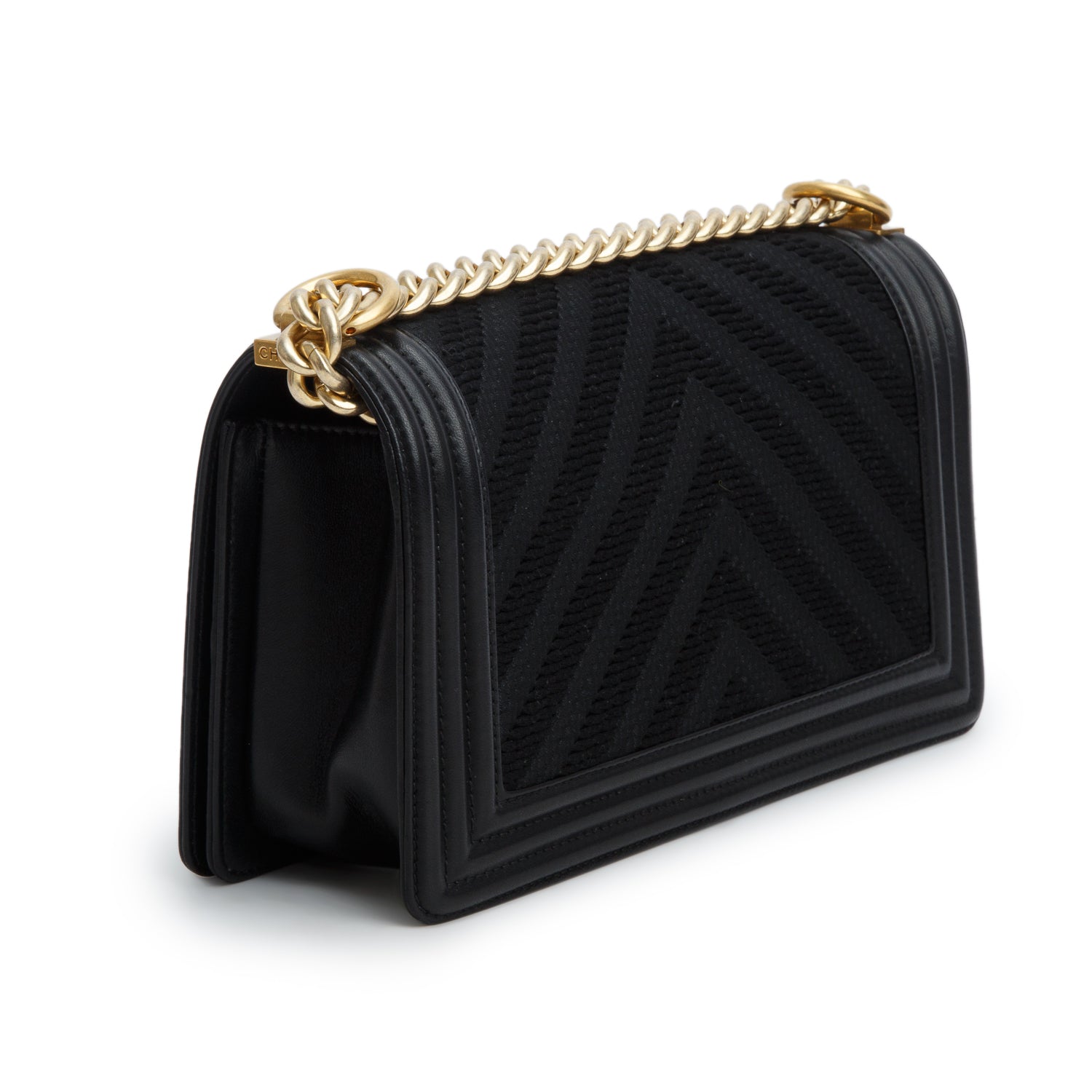 Chanel Black Fabric Braided Chevron Medium Boy Flap w/ Authenticity Card