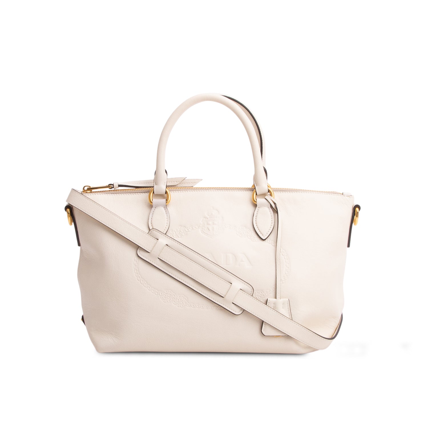 Prada White Glace Calfskin Embossed Logo Tote w/ Strap