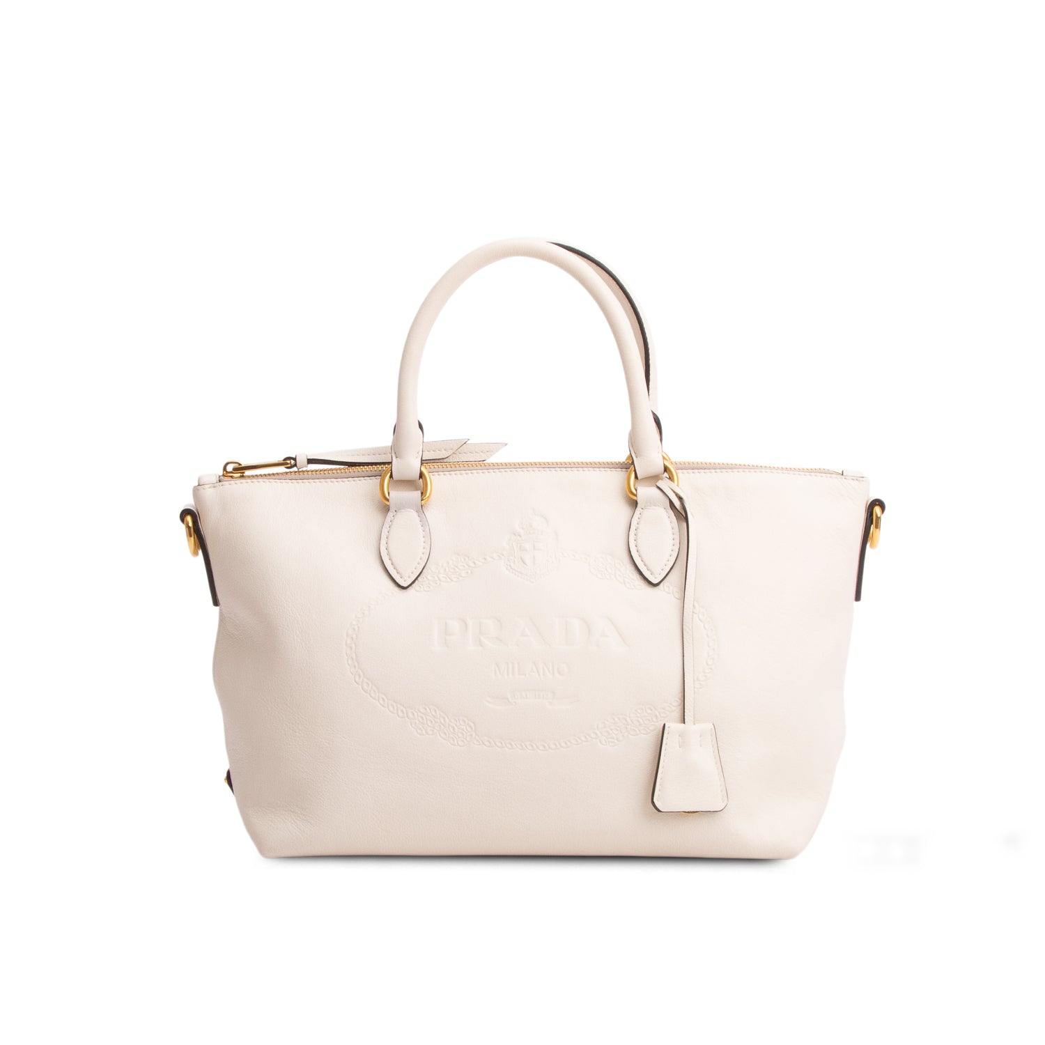 Prada White Glace Calfskin Embossed Logo Tote w/ Strap