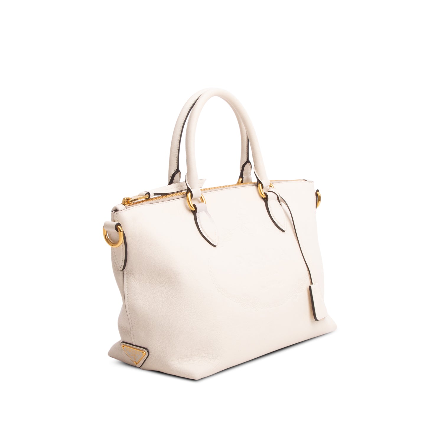 Prada White Glace Calfskin Embossed Logo Tote w/ Strap