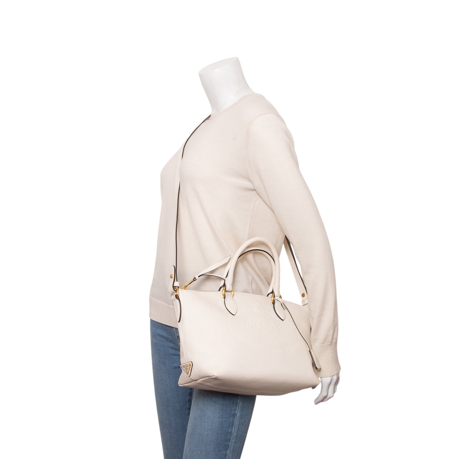 Prada White Glace Calfskin Embossed Logo Tote w/ Strap