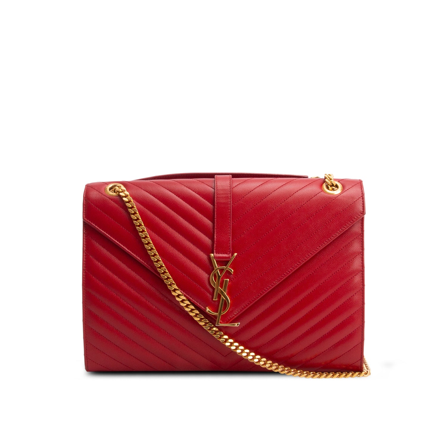 Saint Laurent Red Quilted Grain De Poudre Leather Large Envelope Chain Bag