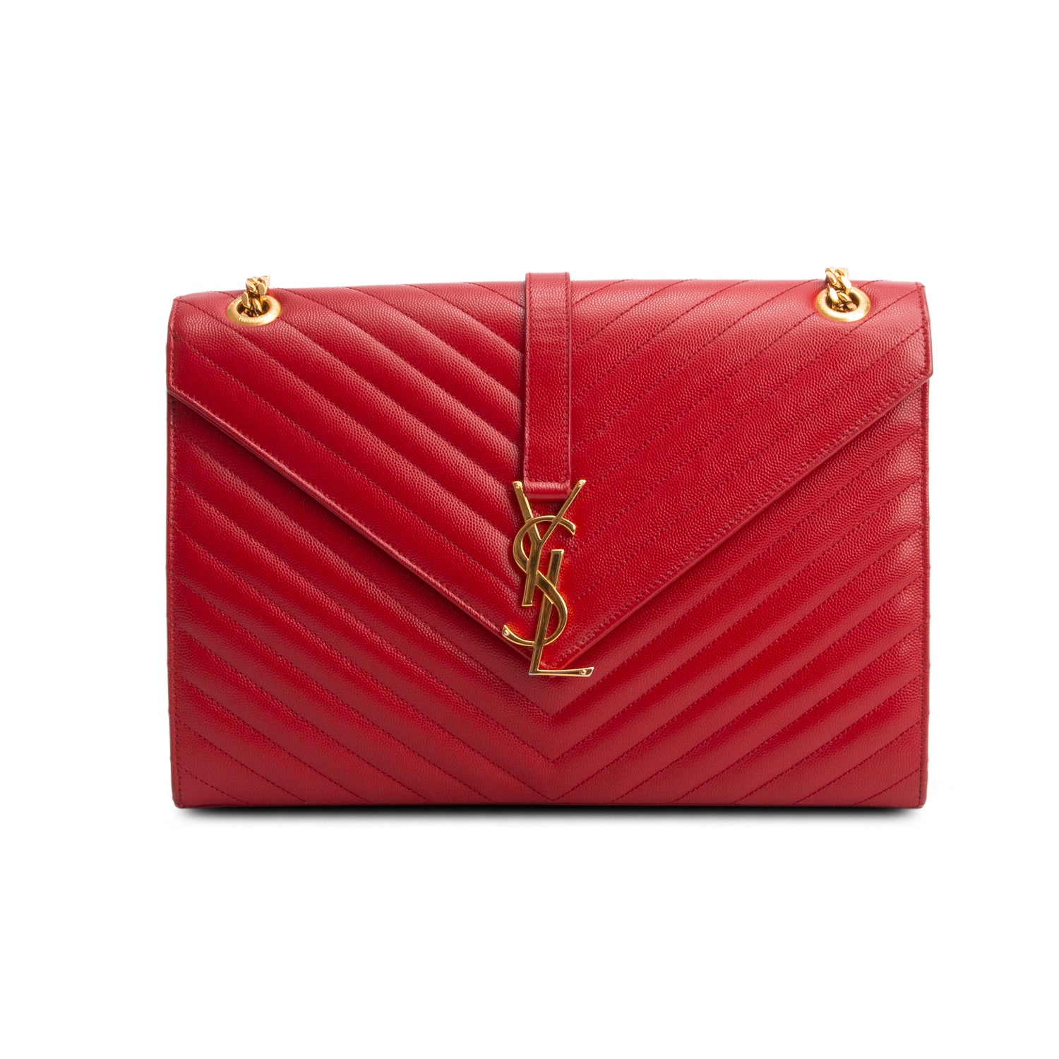 Saint Laurent Red Quilted Grain De Poudre Leather Large Envelope Chain Bag