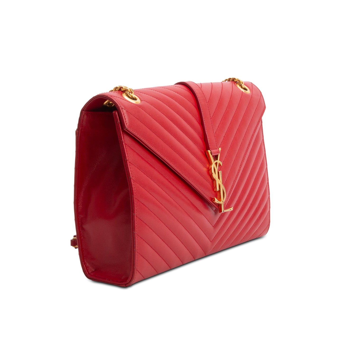 Saint Laurent Red Quilted Grain De Poudre Leather Large Envelope Chain Bag
