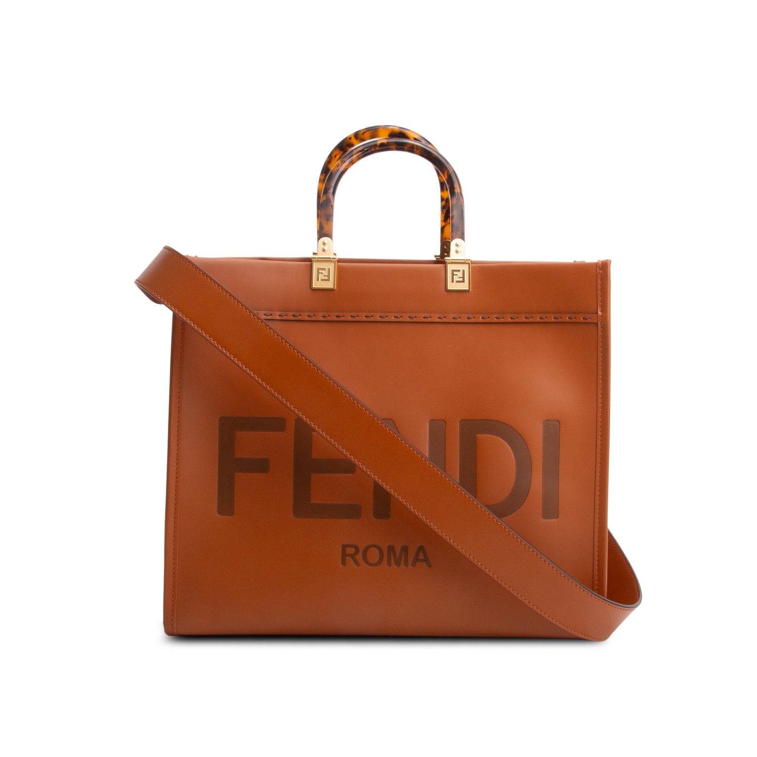 Fendi 2024 Brown Vitello King Plexiglass Logo Embossed Medium Sunshine Shopper Tote w/ Strap