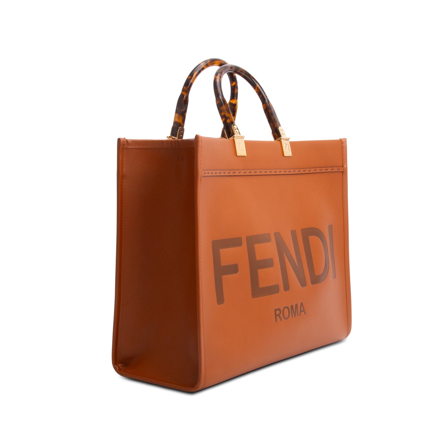 Fendi 2024 Brown Vitello King Plexiglass Logo Embossed Medium Sunshine Shopper Tote w/ Strap