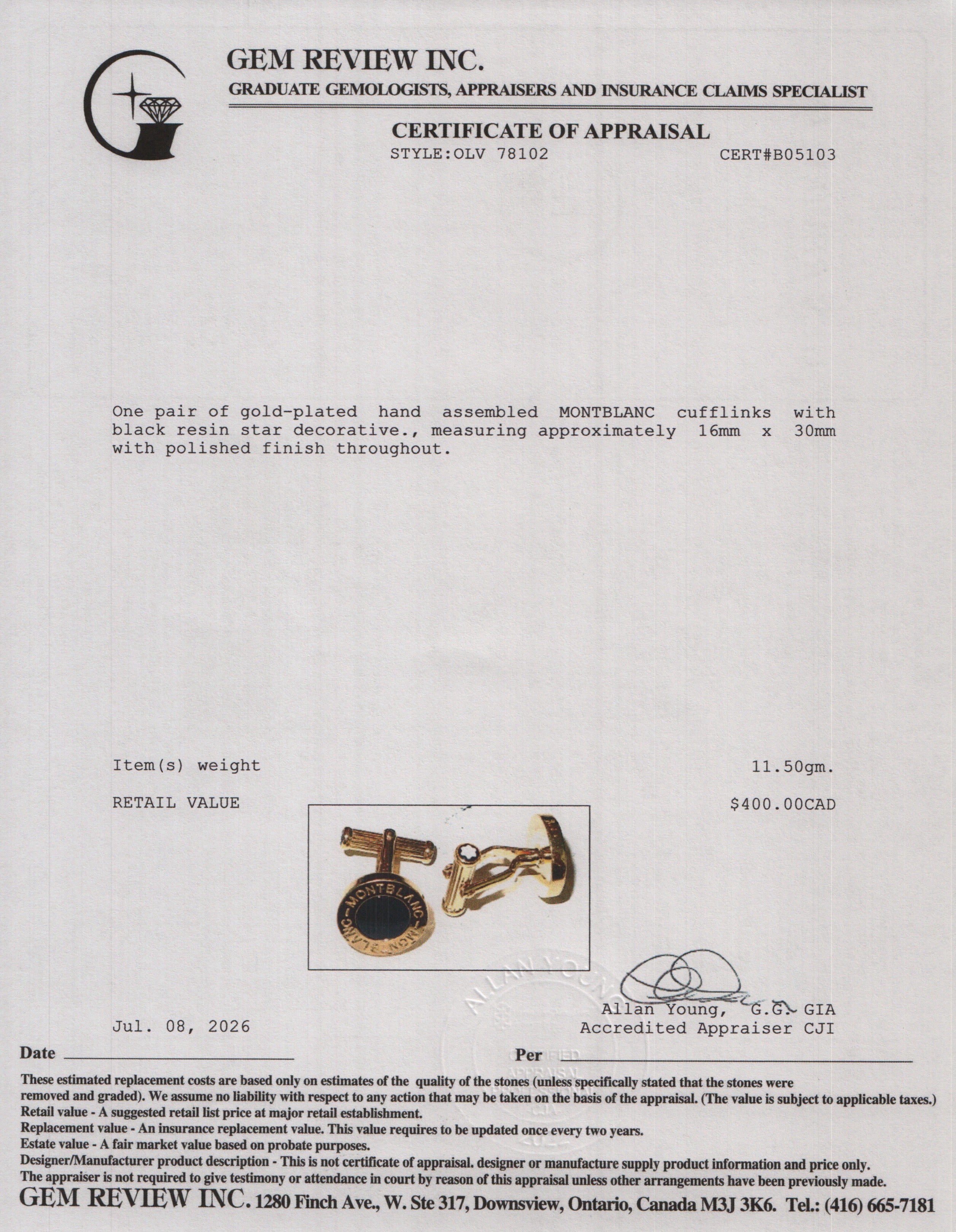 Montblanc Gold Plated Stainless Steel Black Resin Star Cufflinks