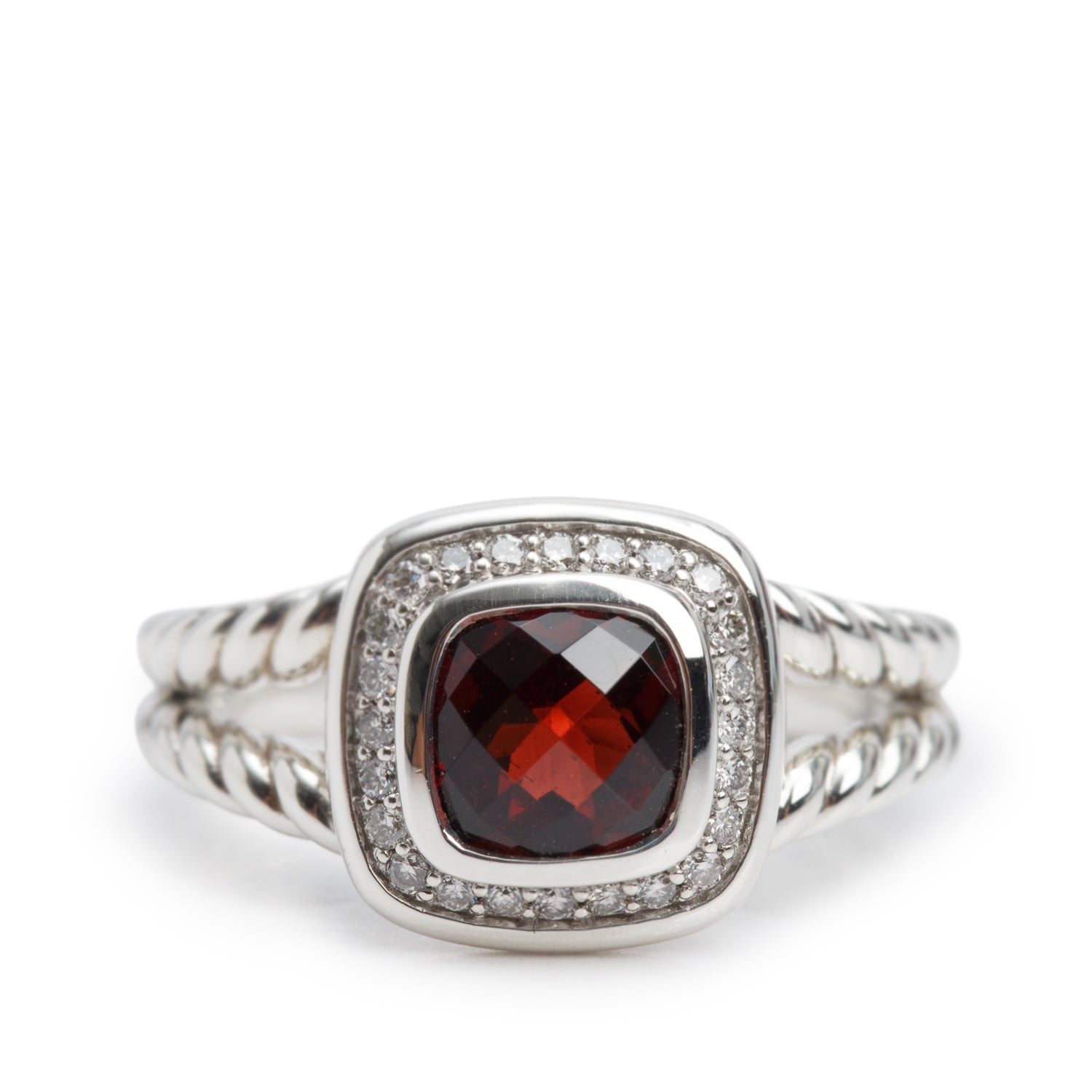 David Yurman Sterling Silver Petite Albion Ring with Garnet & Diamonds, Size 7