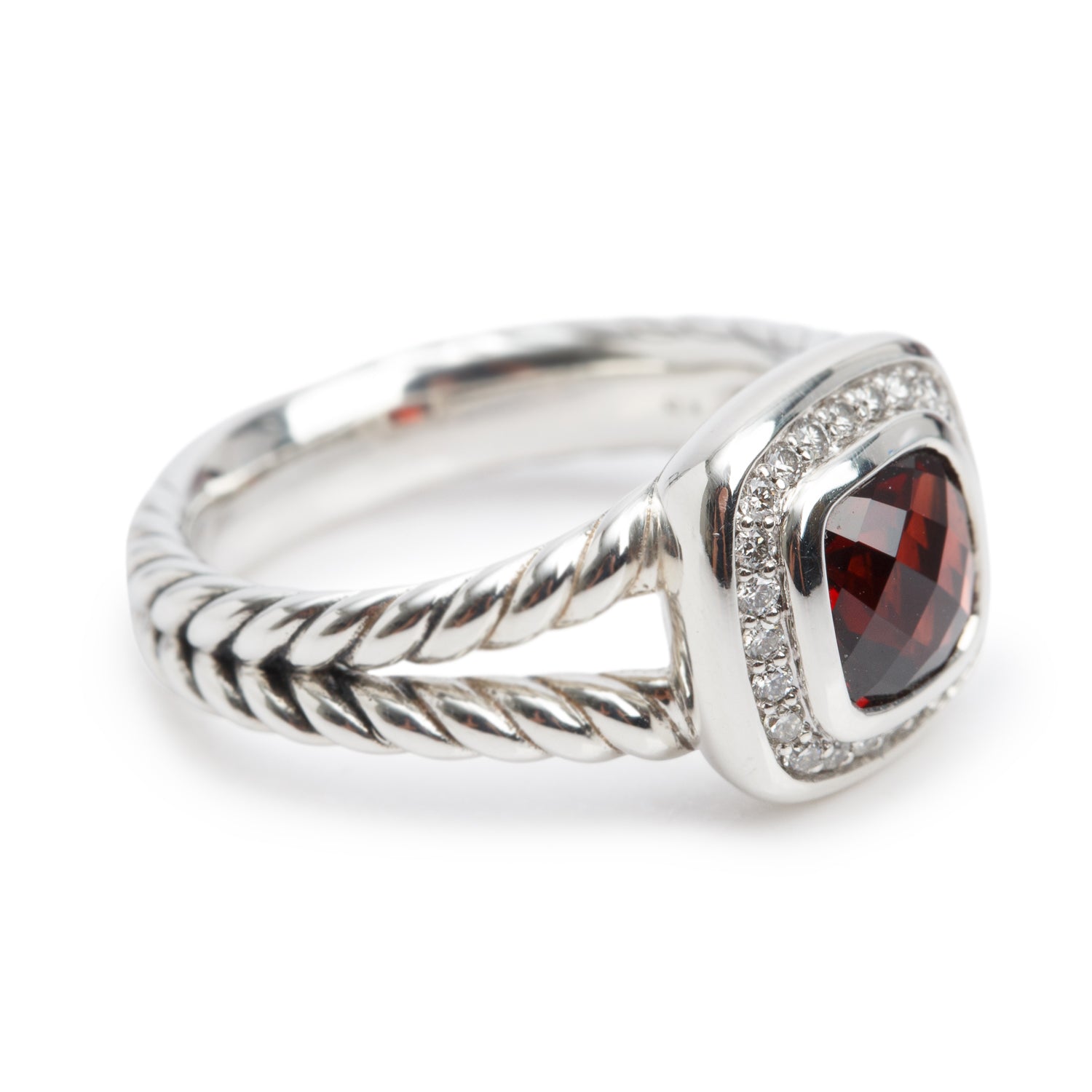 David Yurman Sterling Silver Petite Albion Ring with Garnet & Diamonds, Size 7